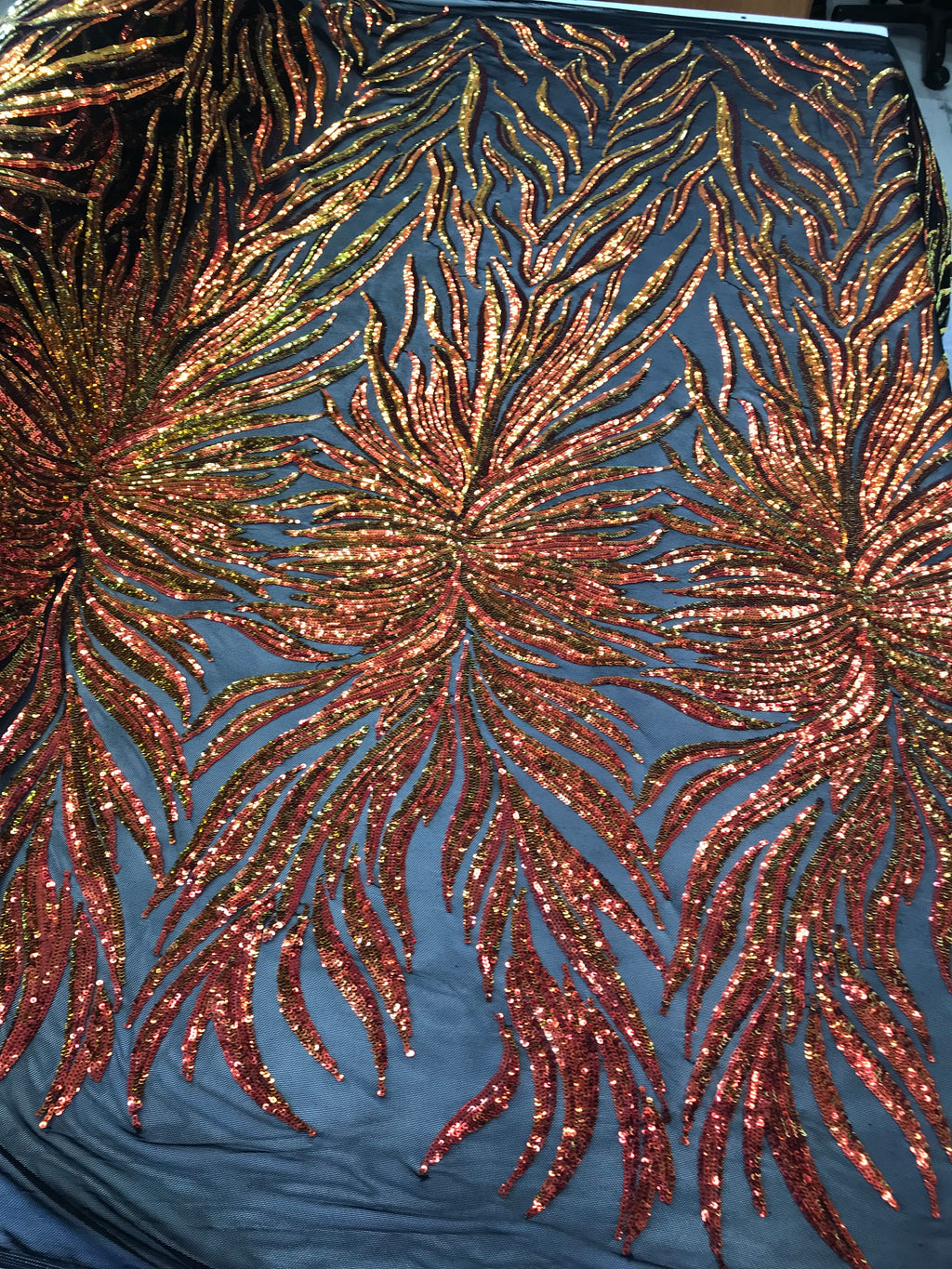 Phoenix Feather Sequins - Iridescent Orange - 4 Way Stretch Phoenix Pattern Fashion Design Fabric