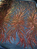 Phoenix Feather Sequins - Iridescent Orange - 4 Way Stretch Phoenix Pattern Fashion Design Fabric