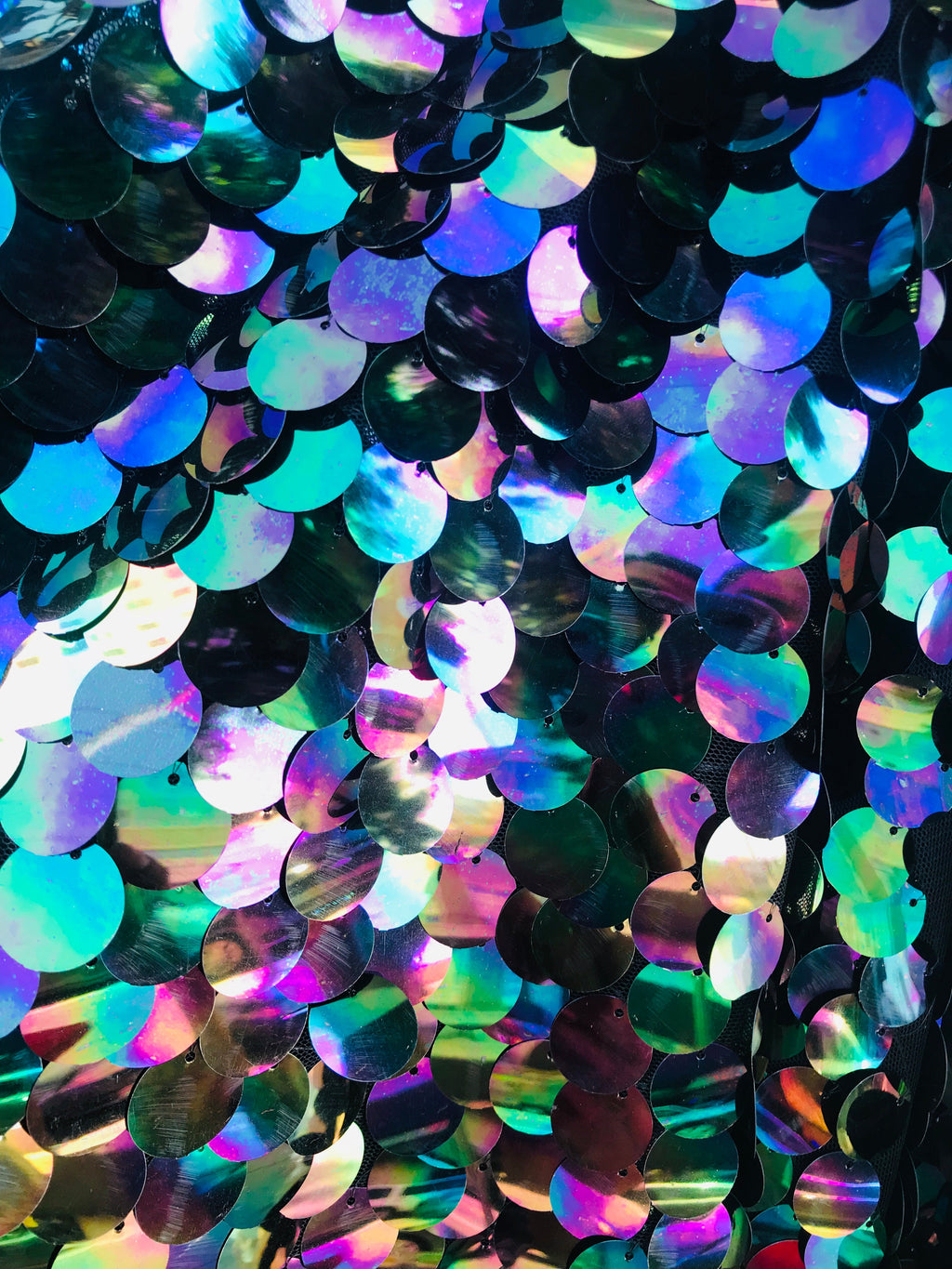 Circle Sequins - Iridescent Black - Multi-Color Big Sequins On Mesh Fabric Sold By The Yard