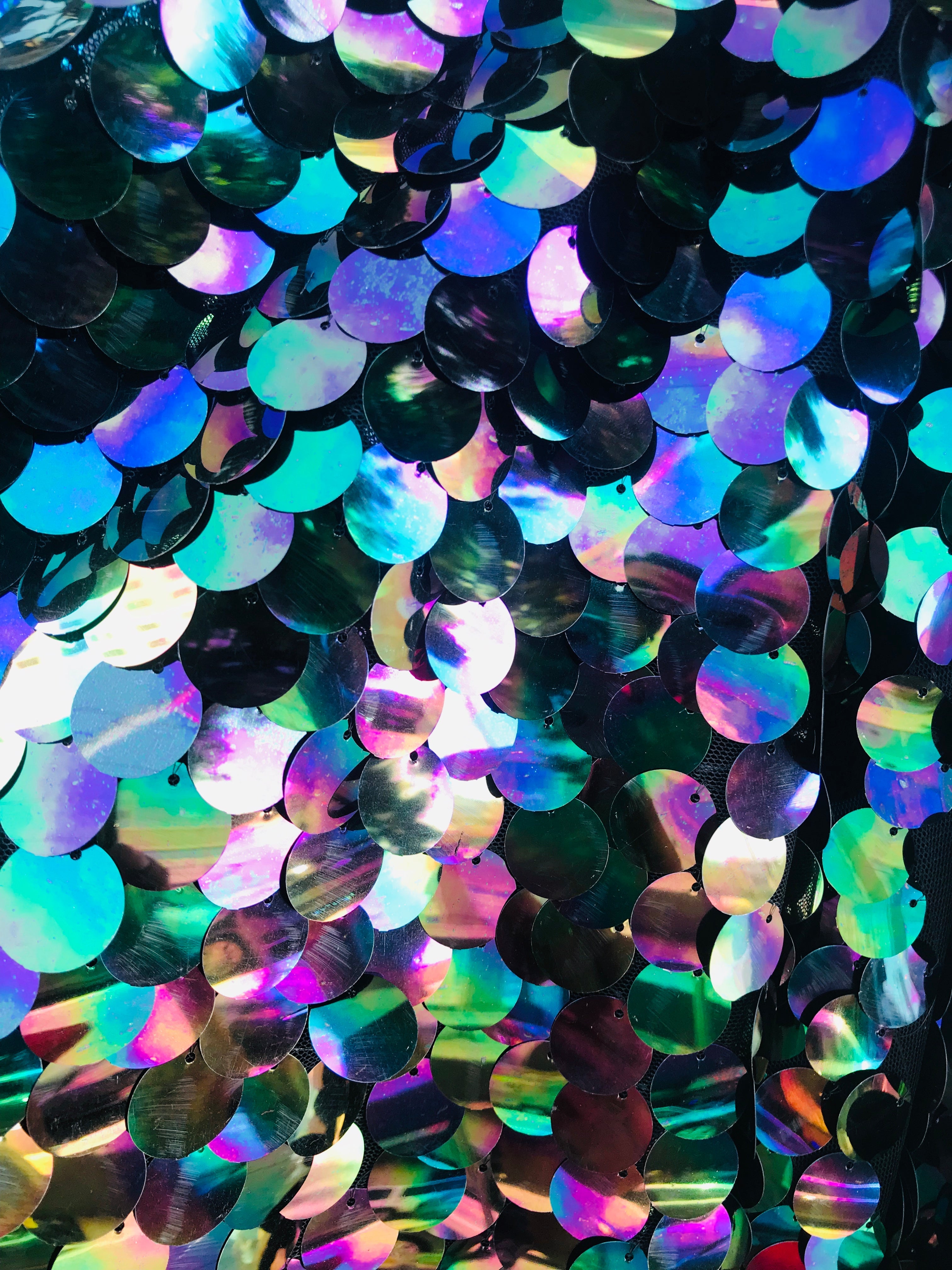 Circle Sequins - Iridescent Black - Multi-Color Big Sequins On Mesh Fabric Sold By The Yard