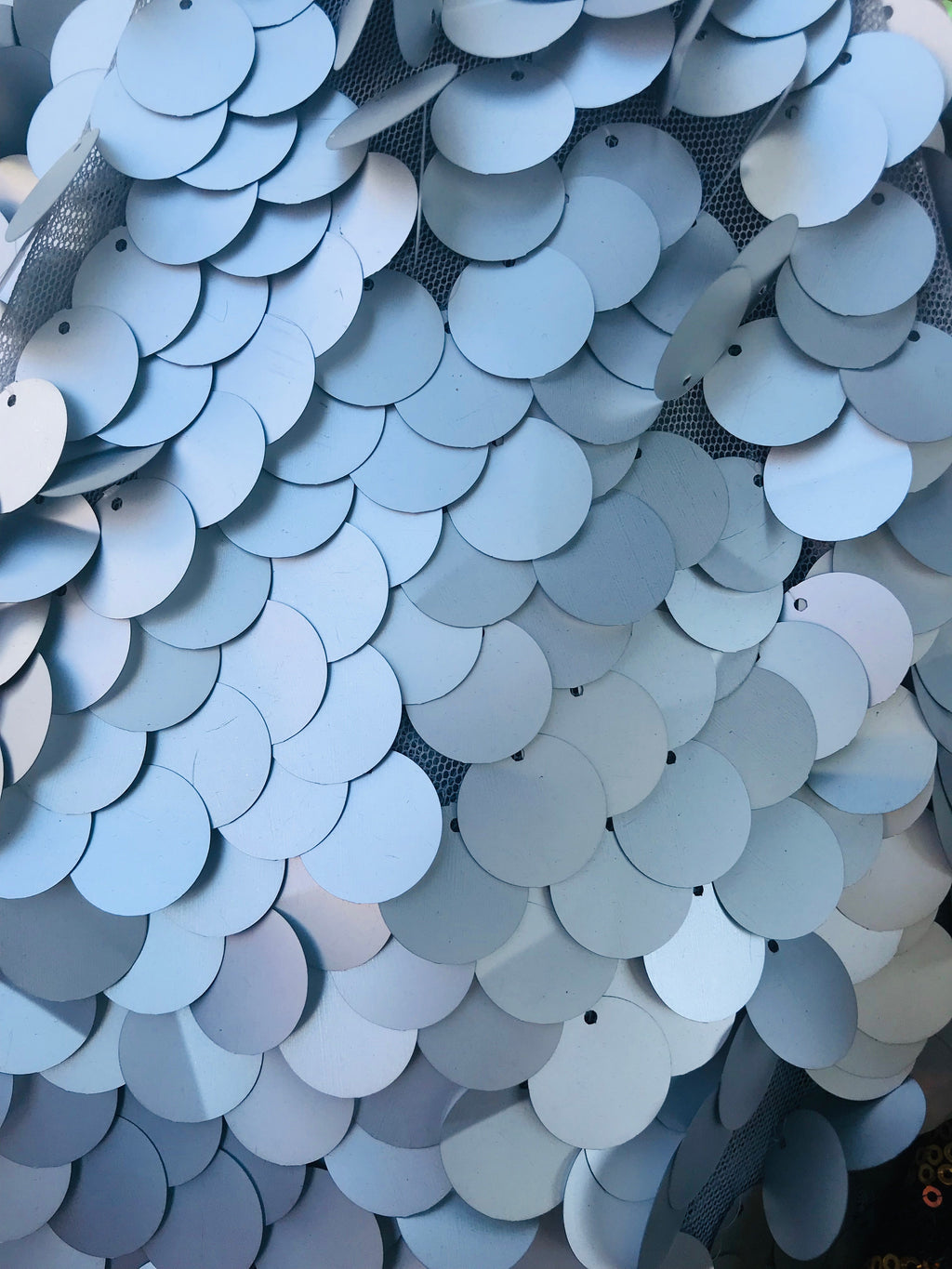 Circle Sequins - Matte Silver -  Big Sequins On Mesh Fabric Sold By The Yard