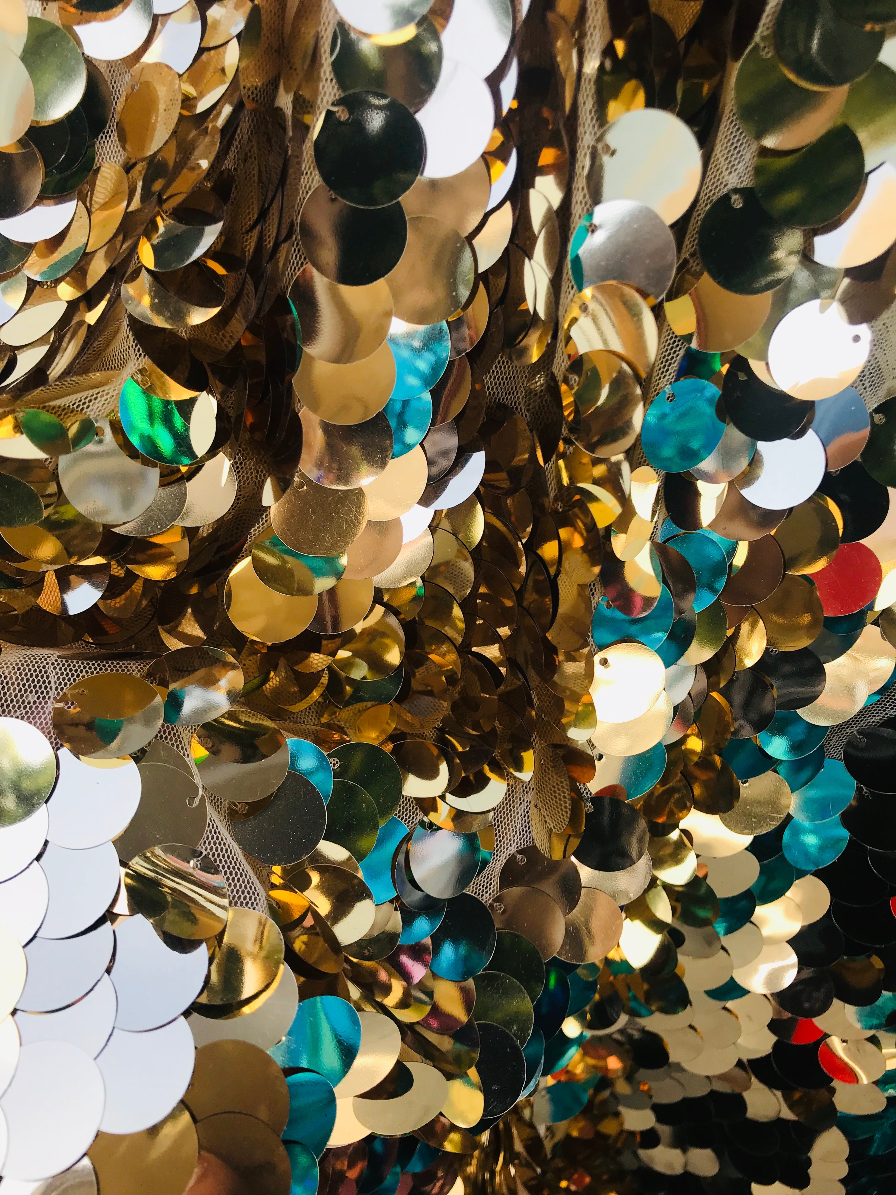 Circle Sequins -  Iridescent Gold - Multi-Color Big Sequins On Mesh Fabric Sold By The Yard