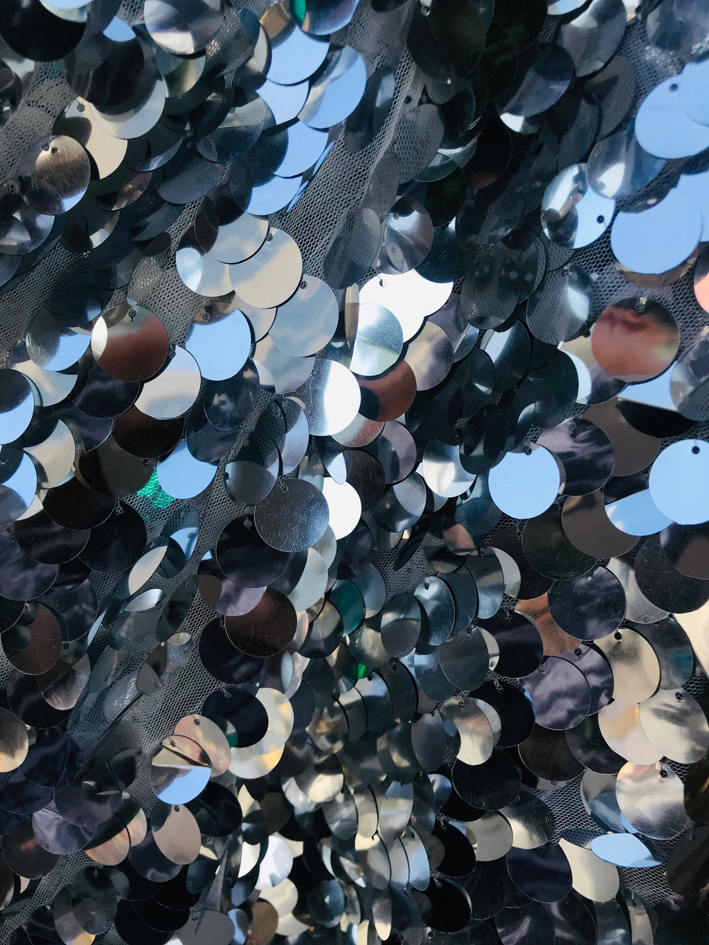 Circle Sequins - Shiny Silver - Multi-Color Big Sequins On Mesh Fabric Sold By The Yard