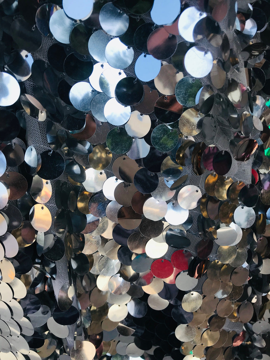 Circle Sequins - Shiny Silver - Multi-Color Big Sequins On Mesh Fabric Sold By The Yard