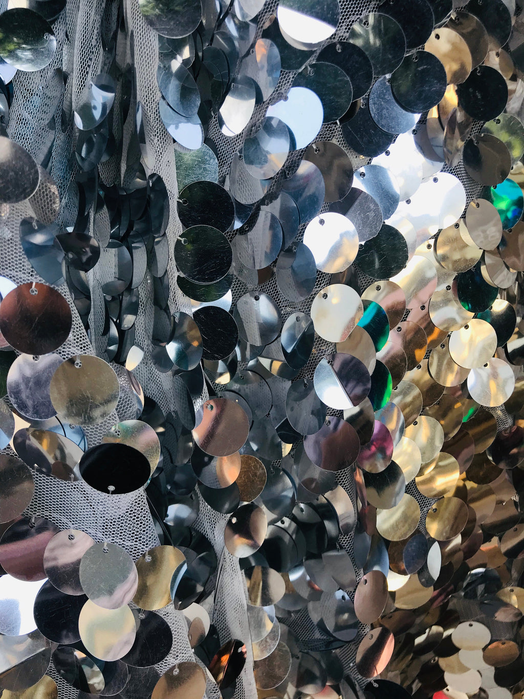 Circle Sequins - Shiny Silver - Multi-Color Big Sequins On Mesh Fabric Sold By The Yard