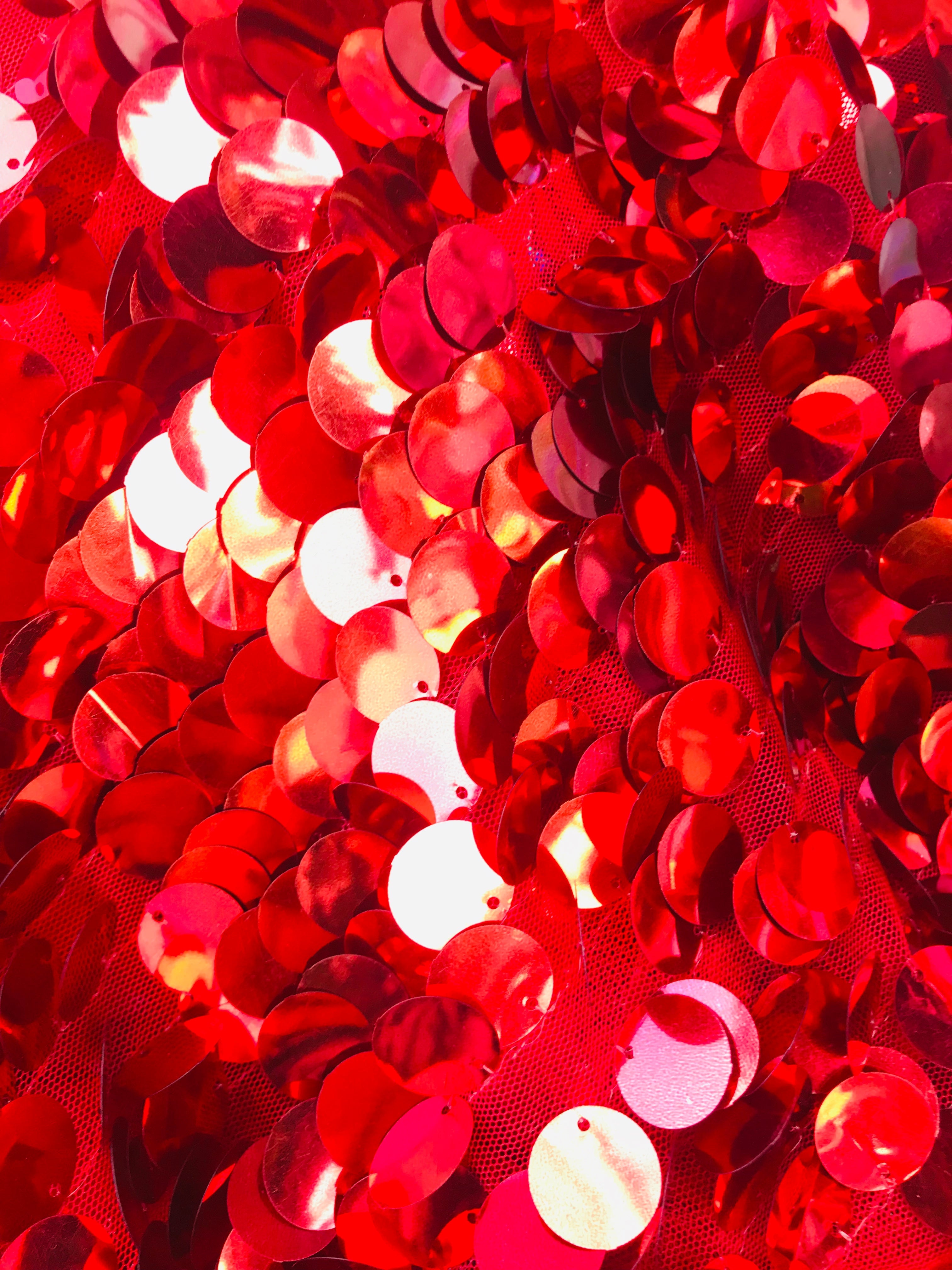 Circle Sequins - Red - Multi-Color Big Sequins On Mesh Fabric Sold By The Yard