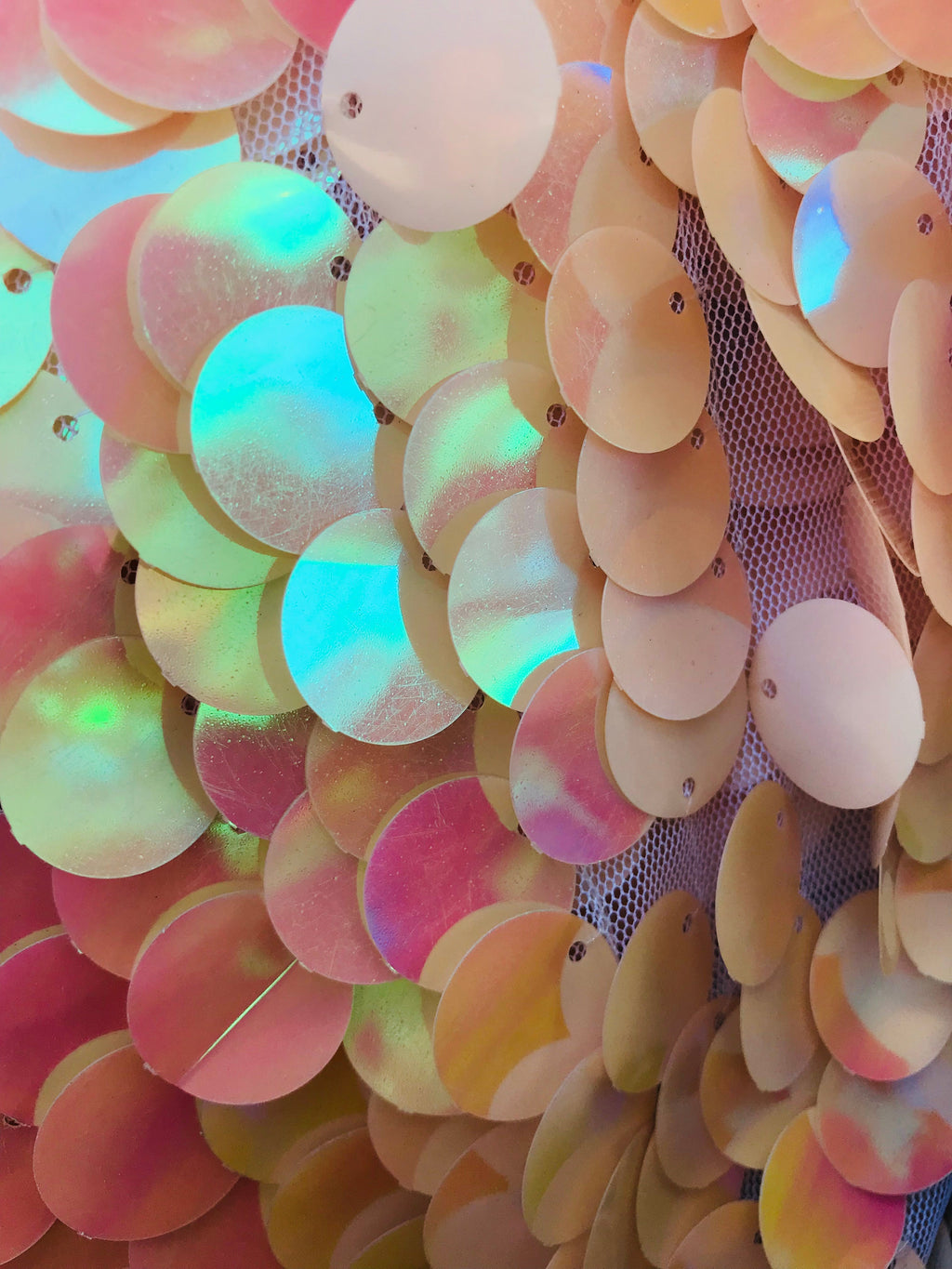 Circle Sequins - Iridescent Peach - Multi-Color Big Sequins On Mesh Fabric Sold By The Yard