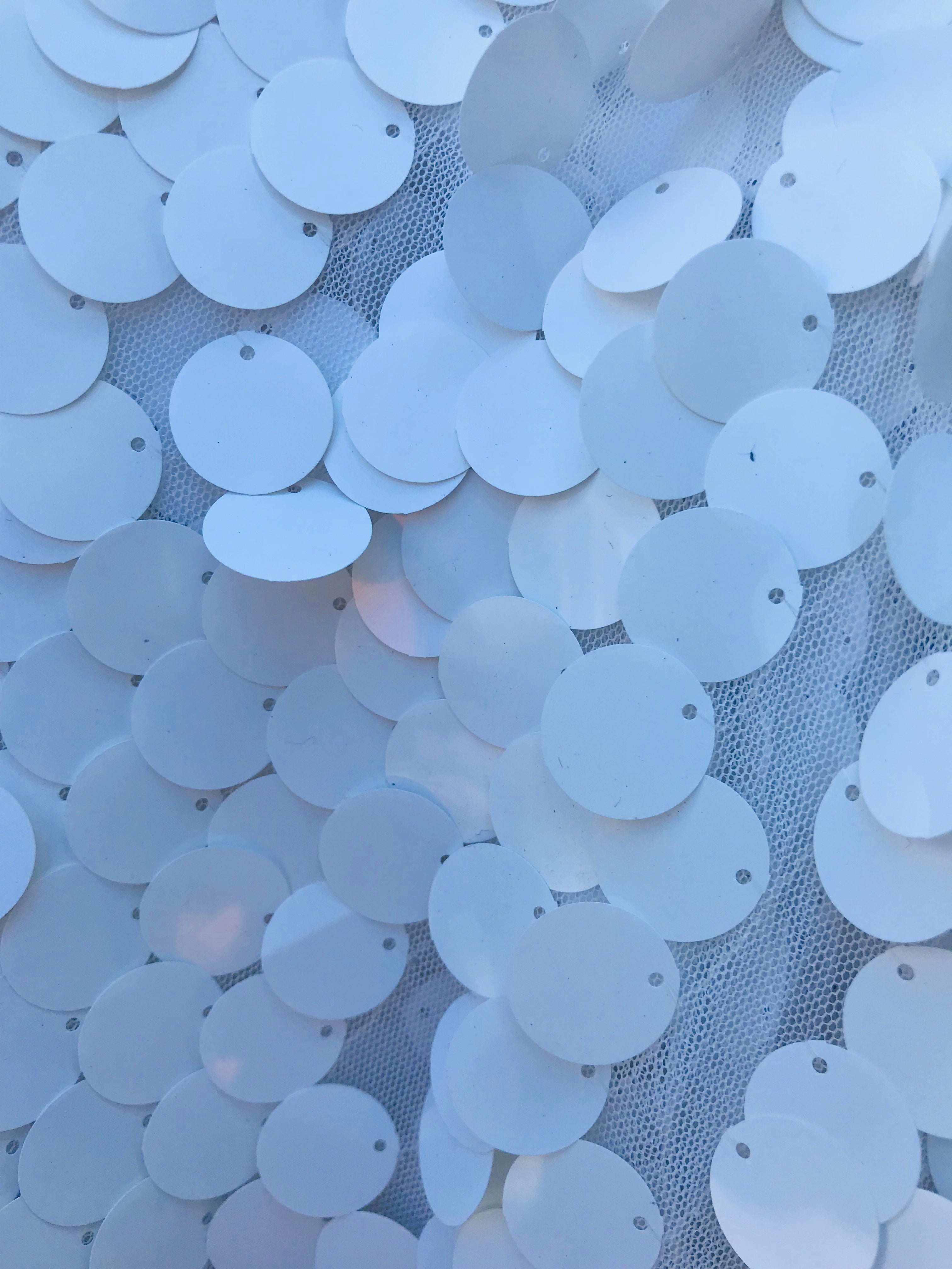 Circle Sequins - Matte White -  Big Sequins On Mesh Fabric Sold By The Yard