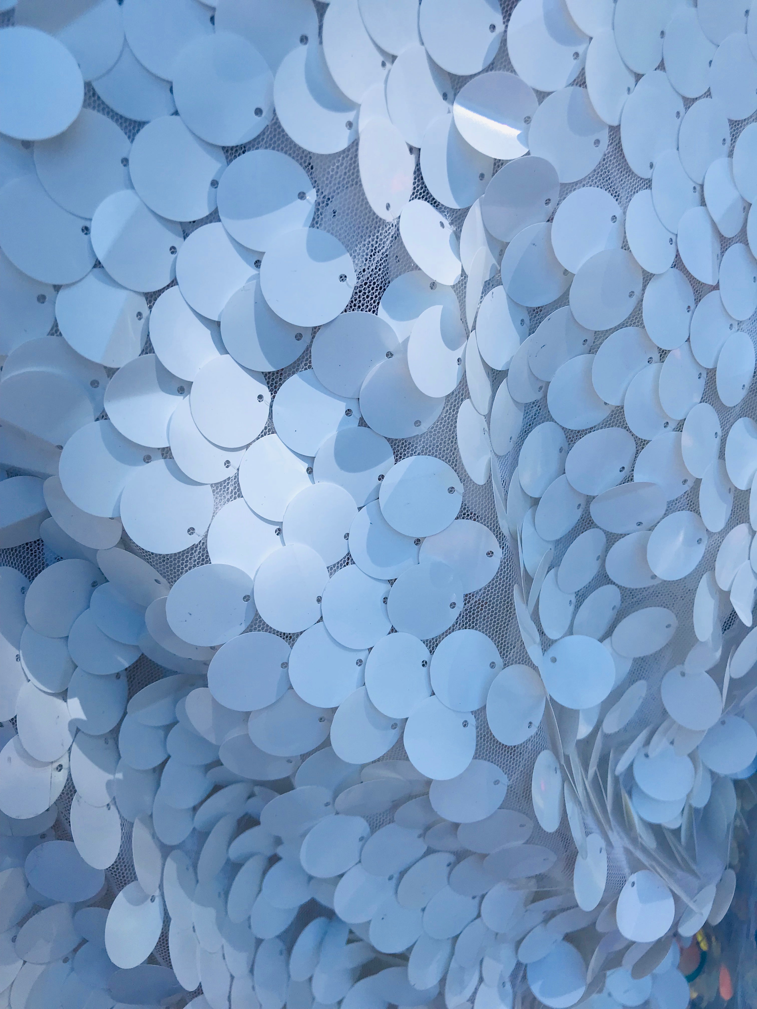 Circle Sequins - Matte White -  Big Sequins On Mesh Fabric Sold By The Yard
