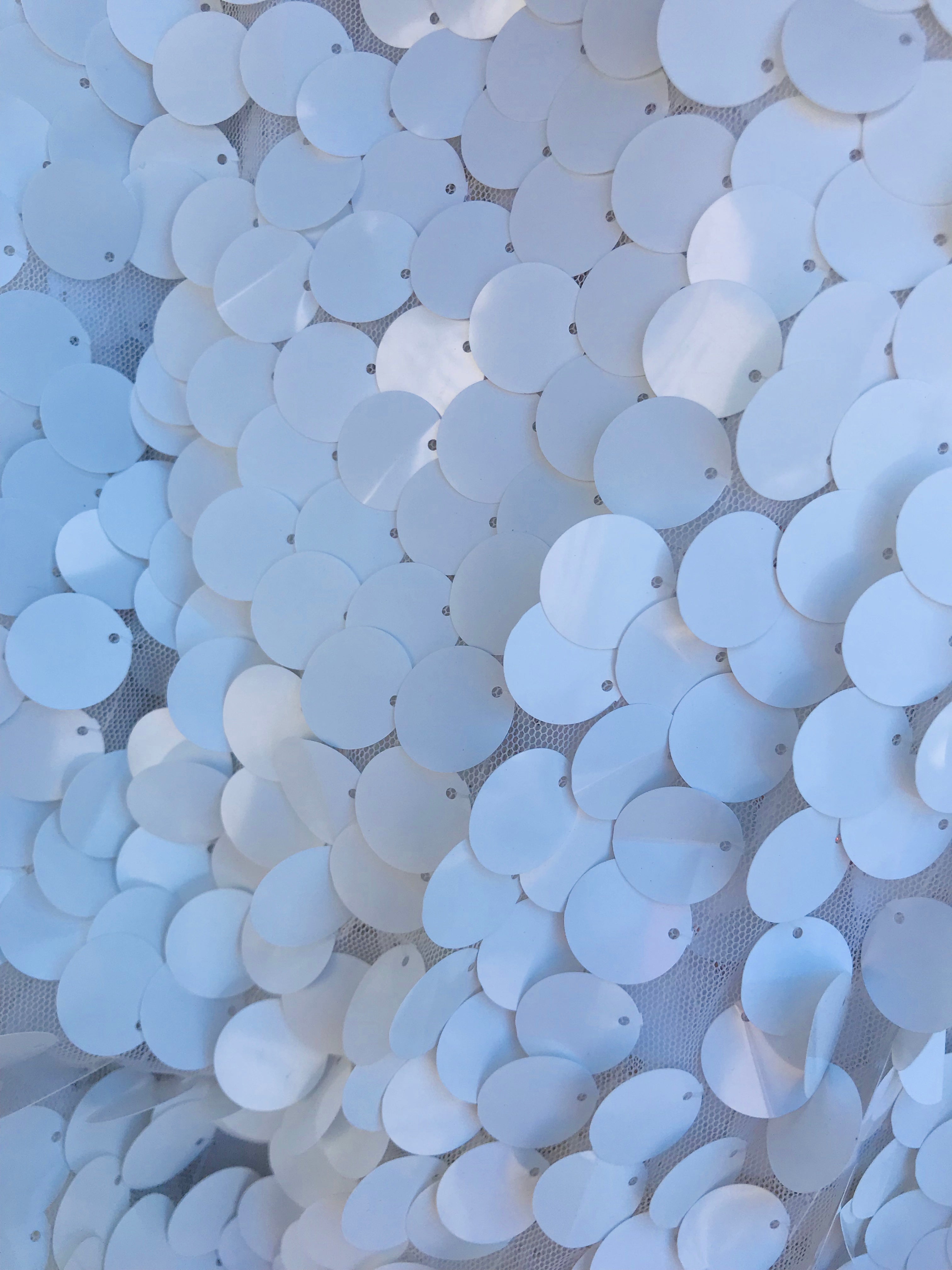 Circle Sequins - Matte White -  Big Sequins On Mesh Fabric Sold By The Yard