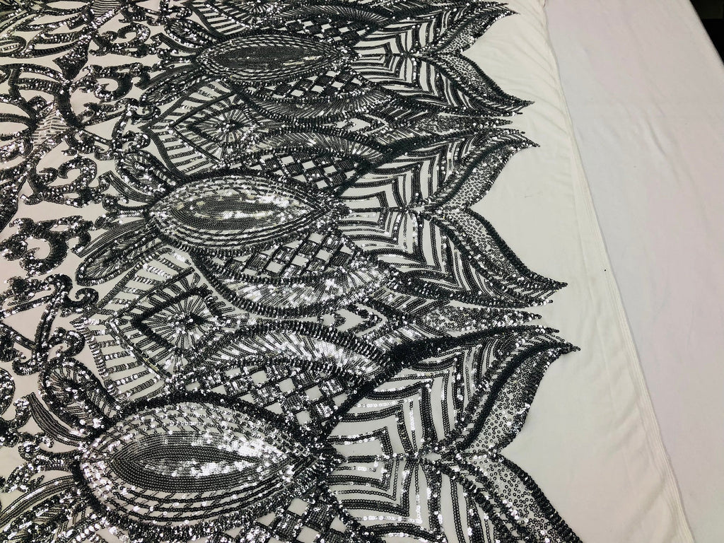 Silver - 4 Way Stretch Embroidered Royalty Sequins Fancy Design Fabric By Yard