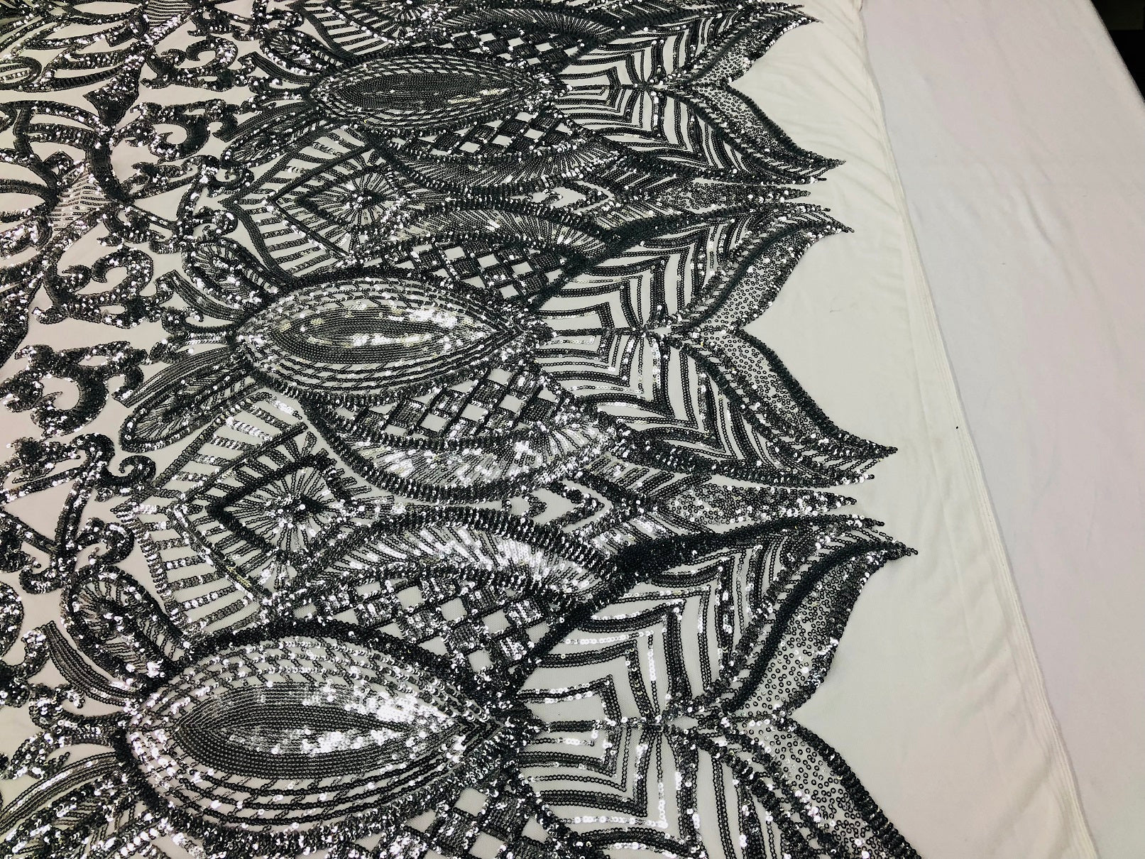 Silver - 4 Way Stretch Embroidered Royalty Sequins Fancy Design Fabric By Yard