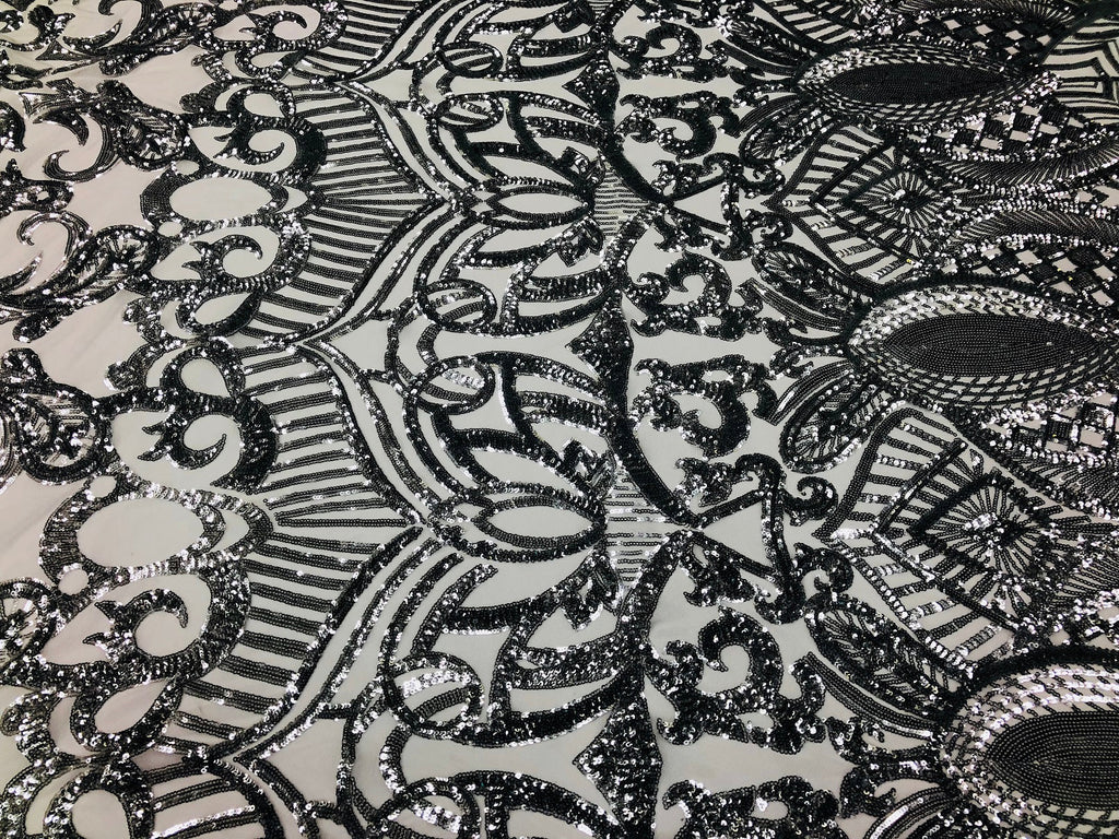 Silver - 4 Way Stretch Embroidered Royalty Sequins Fancy Design Fabric By Yard