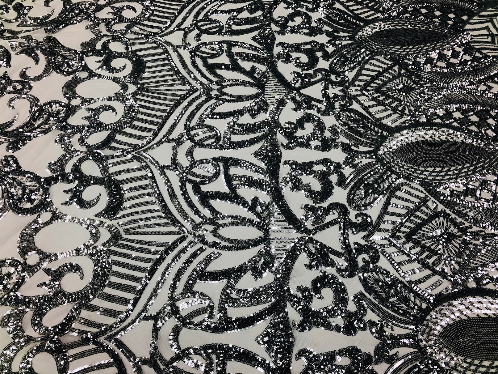 Silver - 4 Way Stretch Embroidered Royalty Sequins Fancy Design Fabric By Yard