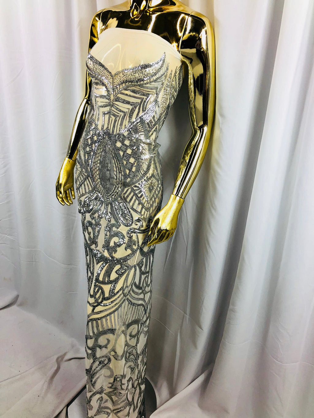Silver - 4 Way Stretch Embroidered Royalty Sequins Fancy Design Fabric By Yard