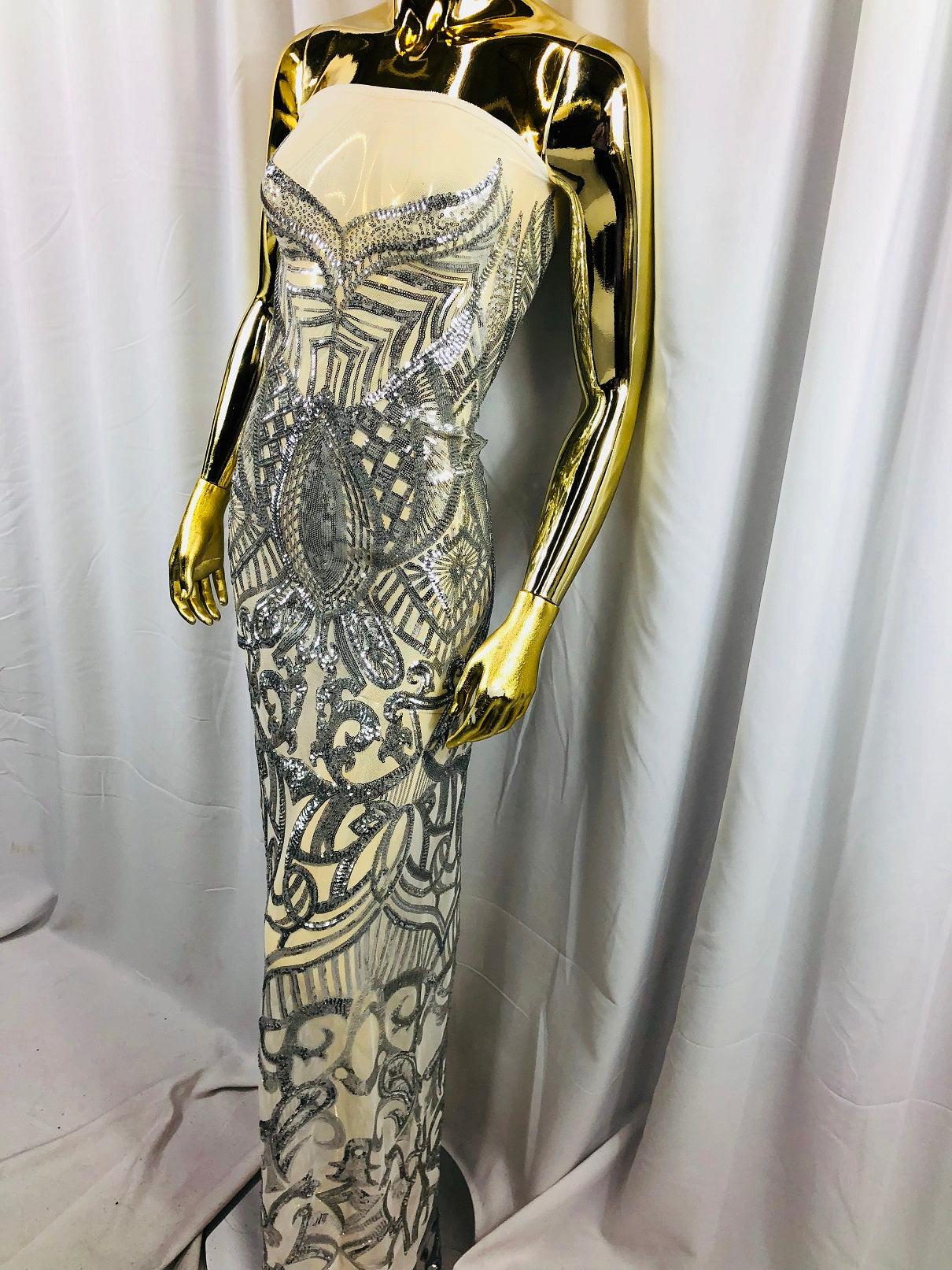 Silver - 4 Way Stretch Embroidered Royalty Sequins Fancy Design Fabric By Yard