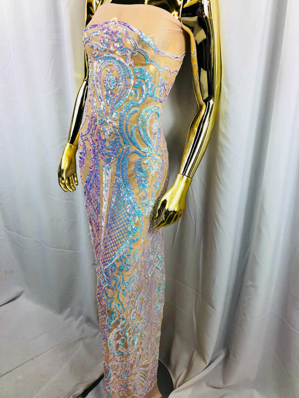 Iridescent Sequins, Iridescent Aqua 4 Way Stretch Damask Design Fabric On Stretch Mesh By The Yard