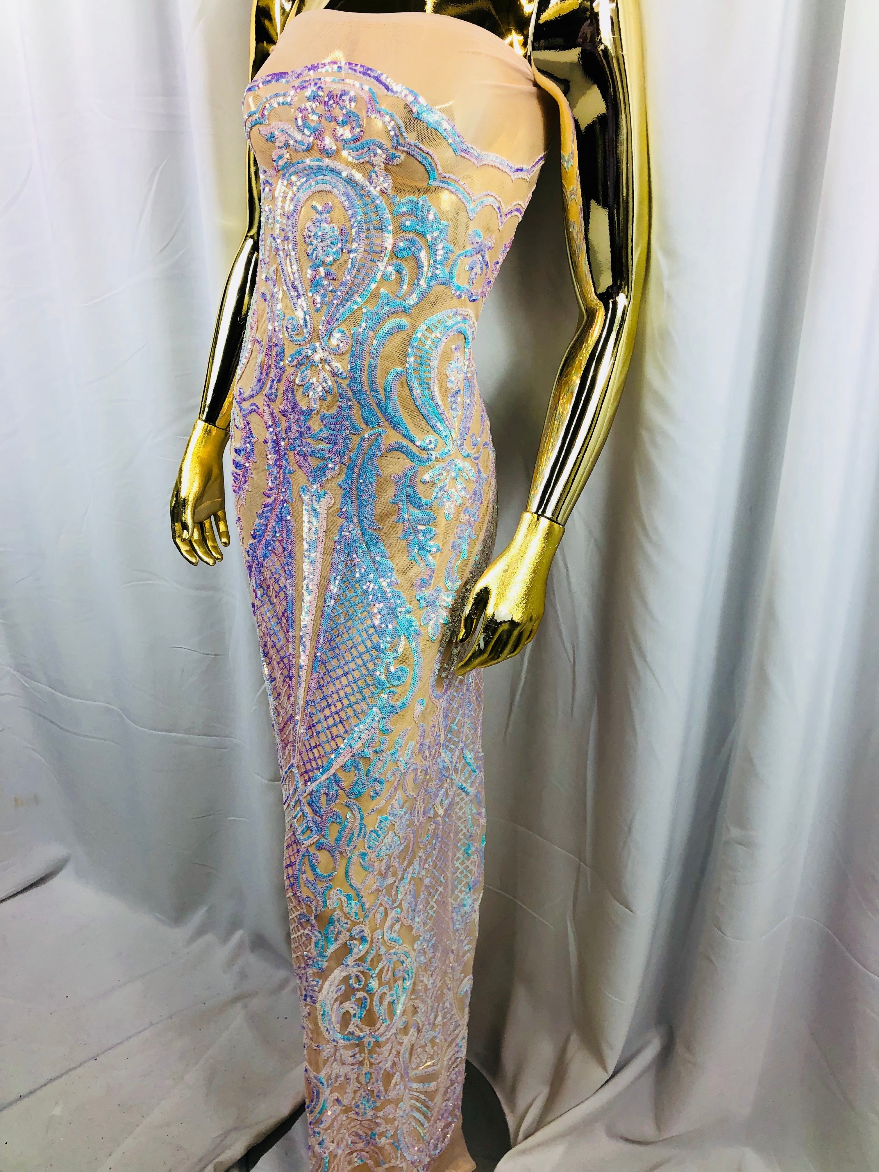 Iridescent Sequins, Iridescent Aqua 4 Way Stretch Damask Design Fabric On Stretch Mesh By The Yard