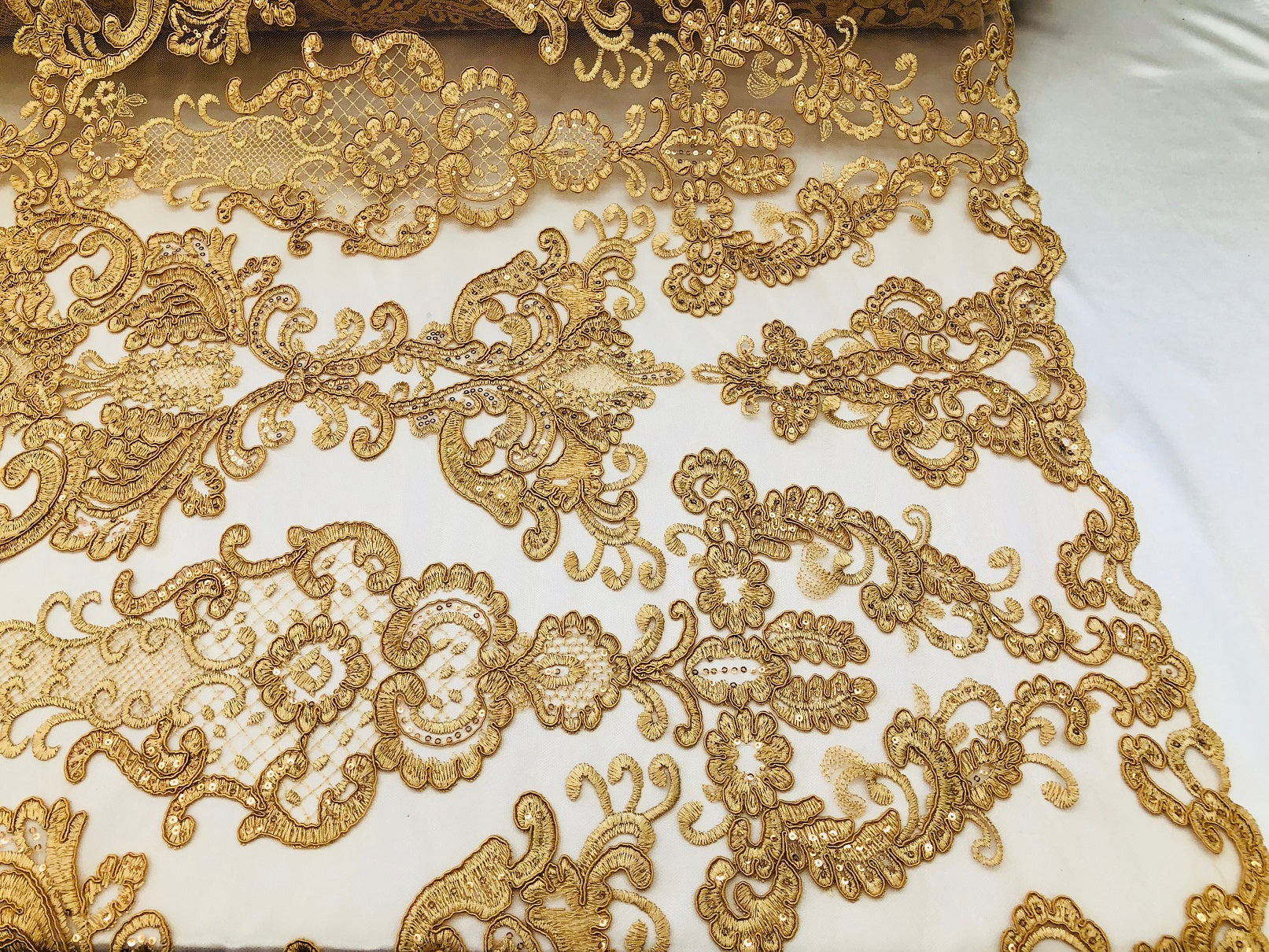 Floral - Gold - Embroided Lace Fabric Damask Pattern - Beautiful Fabrics Sold by The Yard