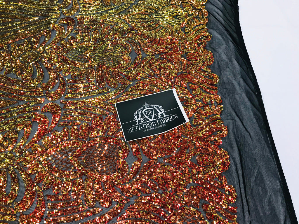 Symbol Pattern - Orange Black Mesh - 4 Way Stretch High Fashion Shiny Pattern Sequins
