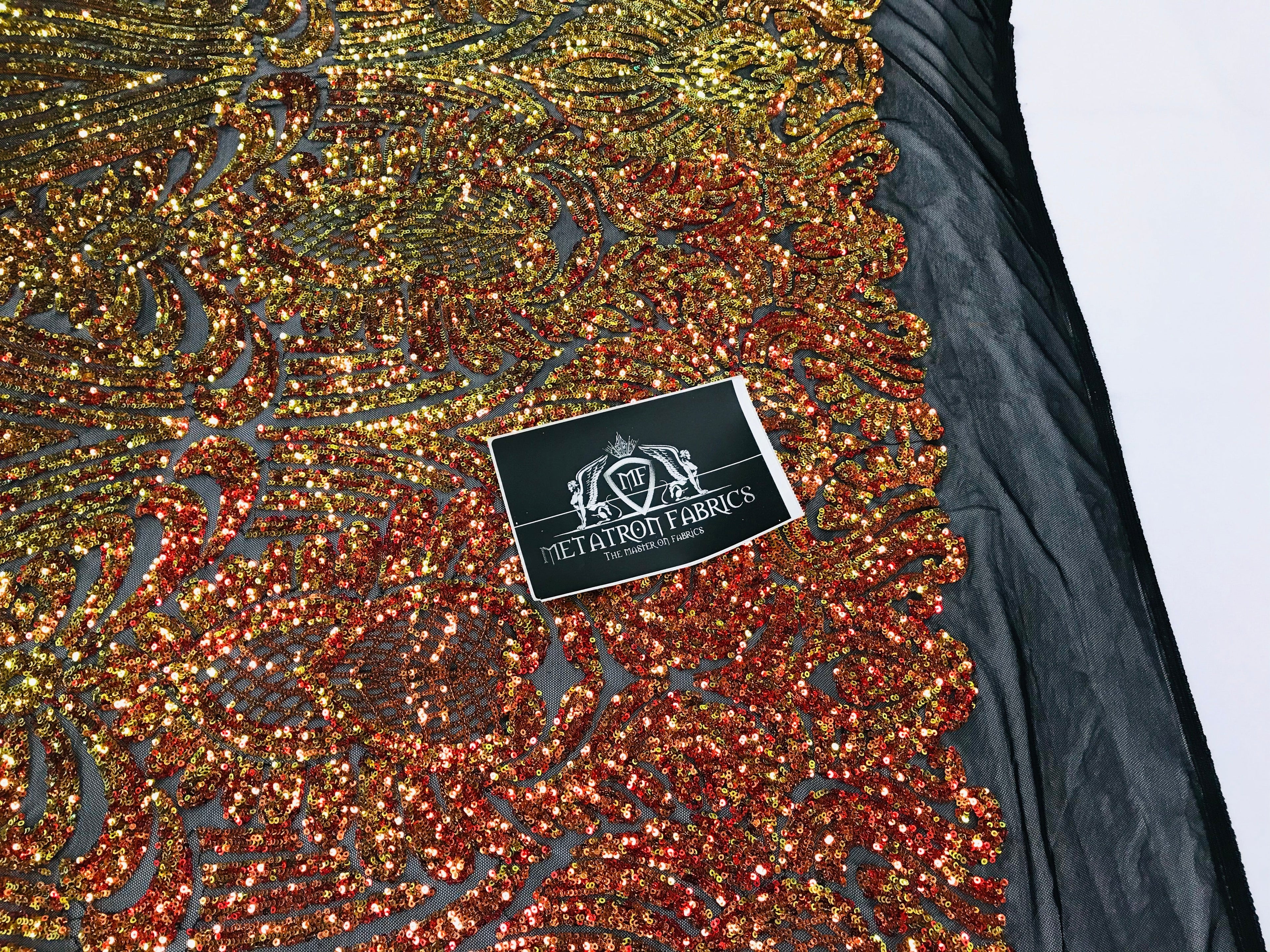 Symbol Pattern - Orange Black Mesh - 4 Way Stretch High Fashion Shiny Pattern Sequins