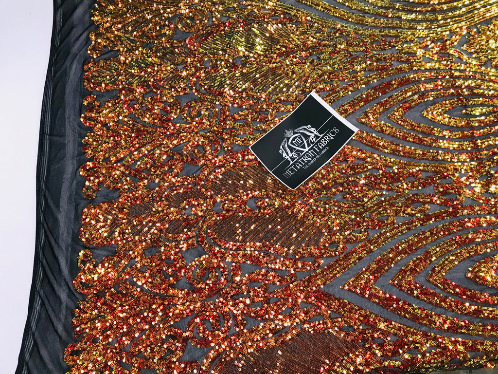 Symbol Pattern - Orange Black Mesh - 4 Way Stretch High Fashion Shiny Pattern Sequins