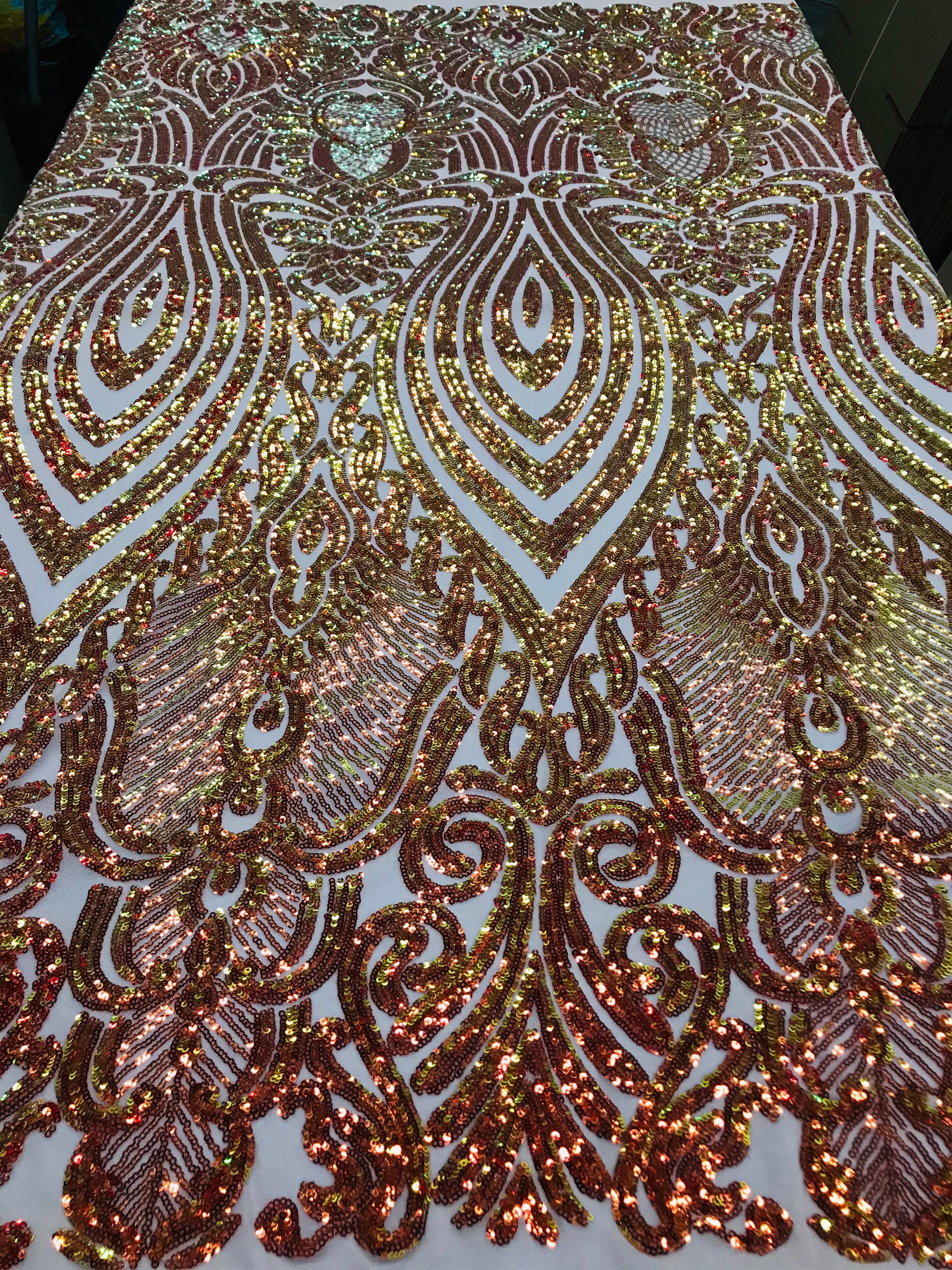 Symbol Pattern - Iridescent Orange - 4 Way Stretch High Fashion Shiny Pattern Sequins