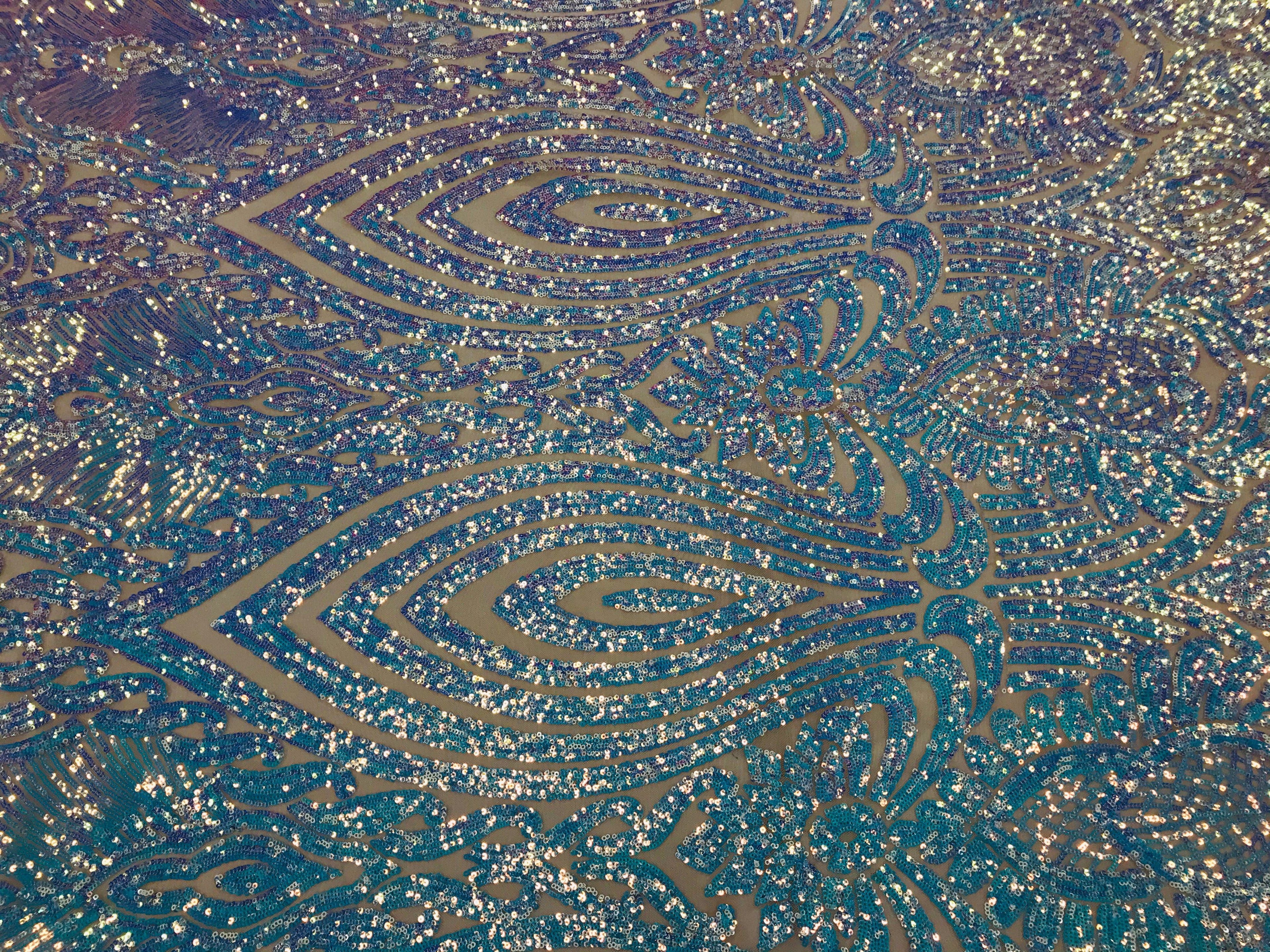 Symbol Pattern - Iridescent Light Blue - 4 Way Stretch High Fashion Shiny Pattern Sequins