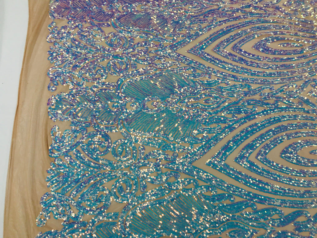 Symbol Pattern - Iridescent Light Blue - 4 Way Stretch High Fashion Shiny Pattern Sequins