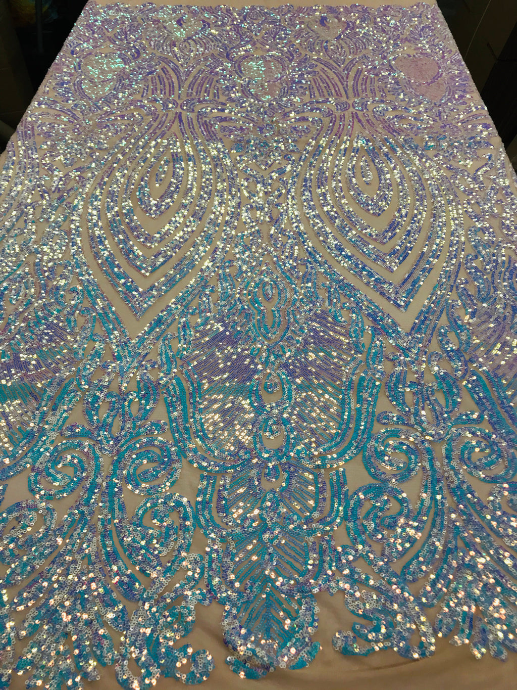 Symbol Pattern - Iridescent Light Blue - 4 Way Stretch High Fashion Shiny Pattern Sequins