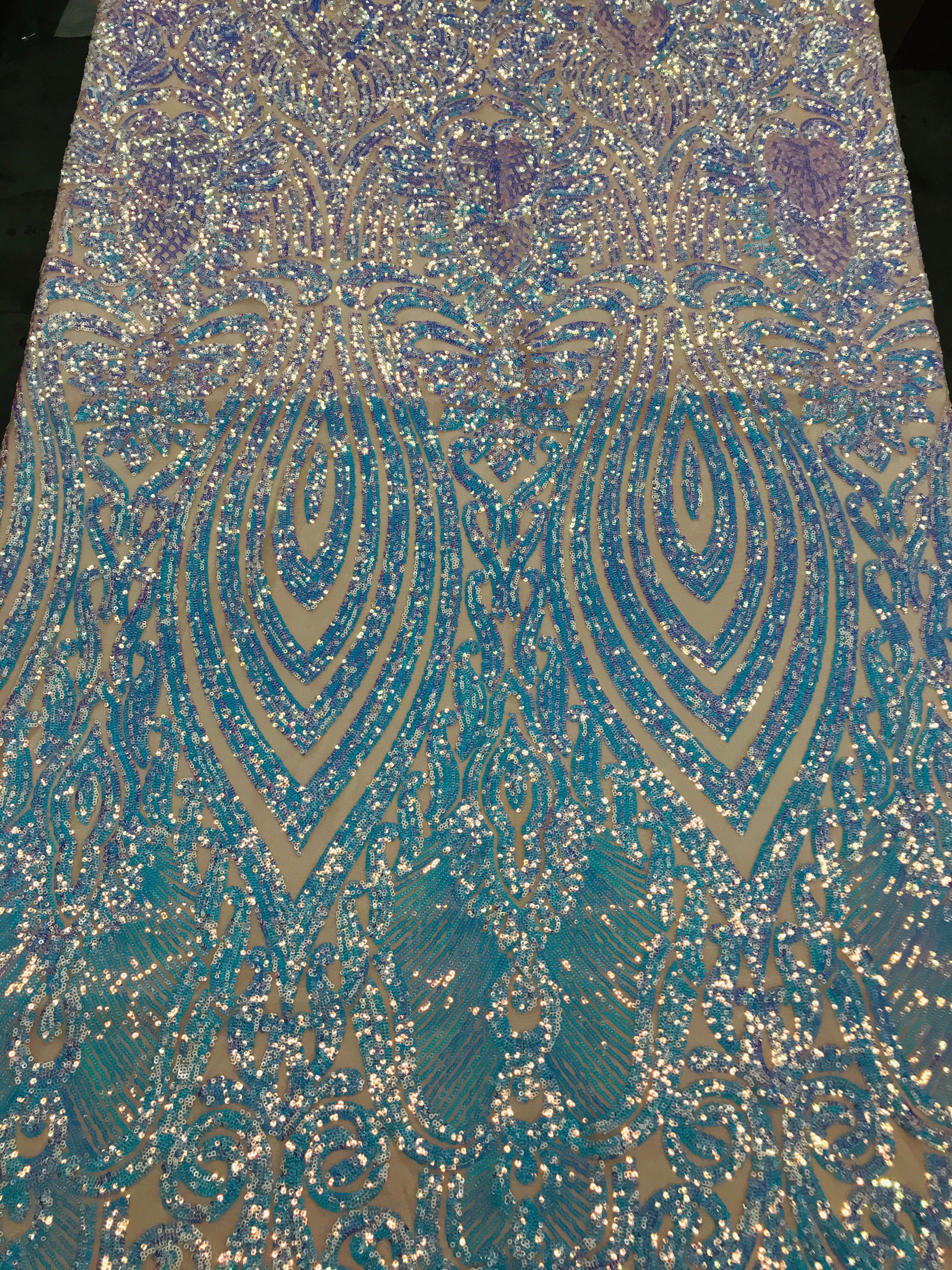 Symbol Pattern - Iridescent Light Blue - 4 Way Stretch High Fashion Shiny Pattern Sequins