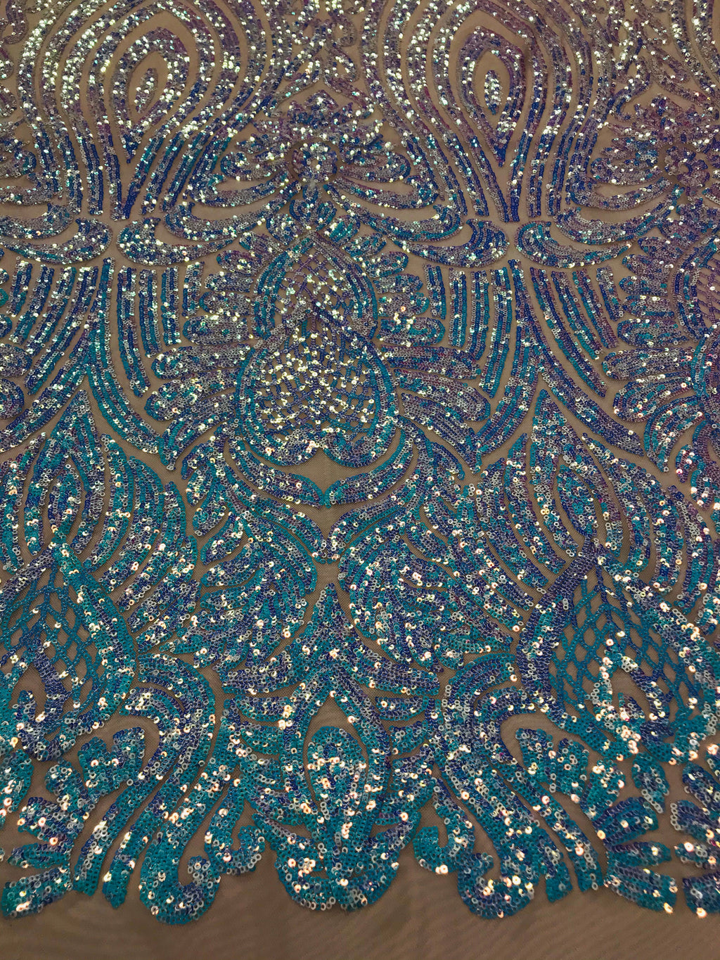 Symbol Pattern - Iridescent Light Blue - 4 Way Stretch High Fashion Shiny Pattern Sequins