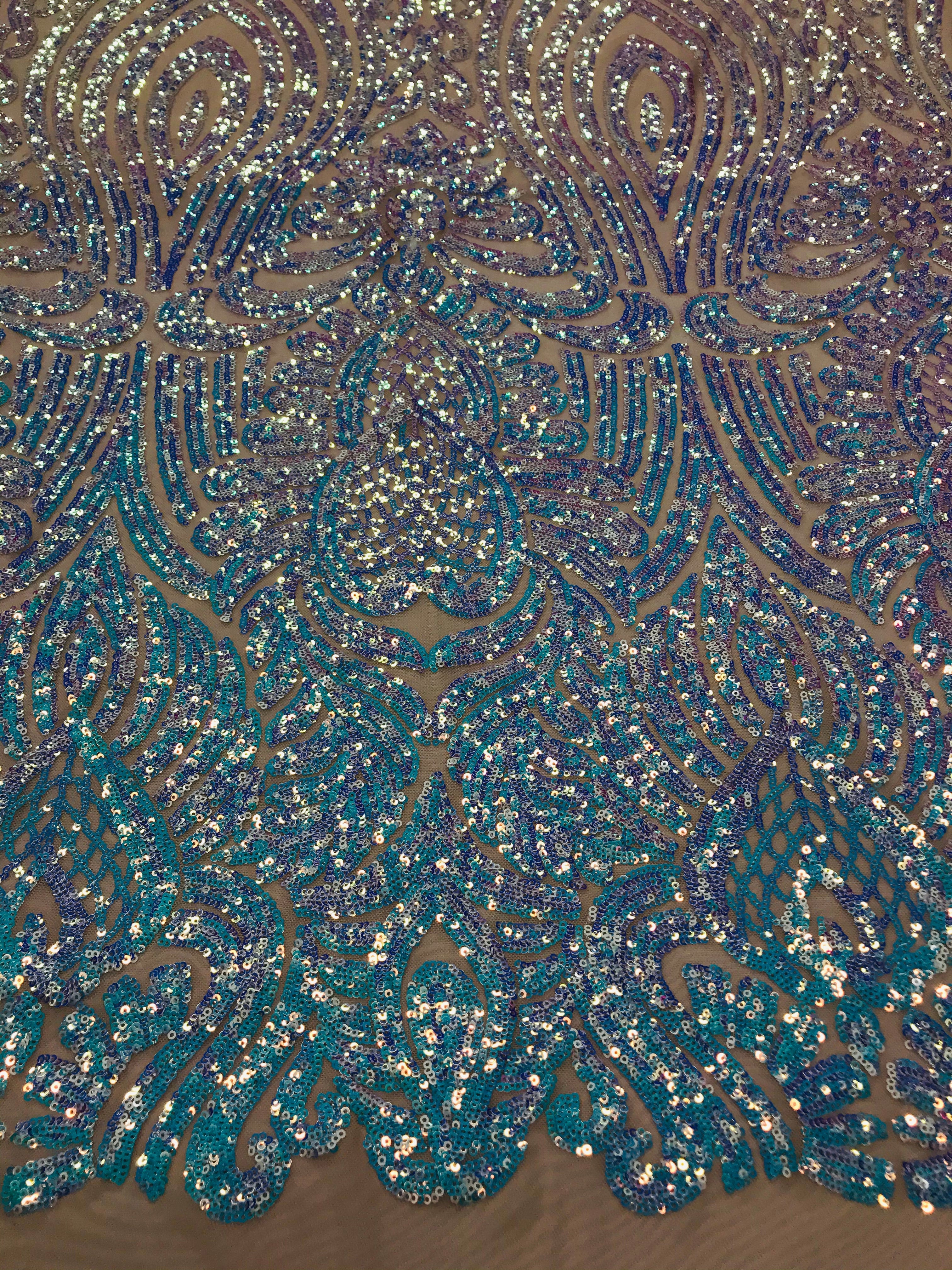 Symbol Pattern - Iridescent Light Blue - 4 Way Stretch High Fashion Shiny Pattern Sequins