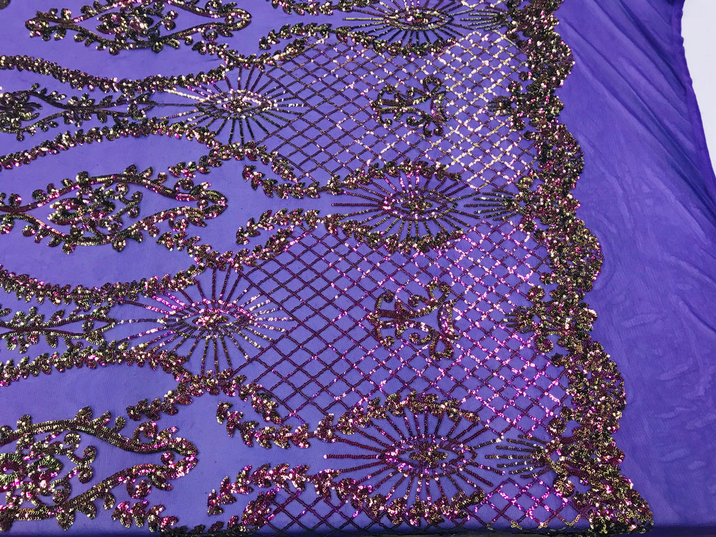 Sequins Damask Pattern Iridescent Purple 4 Way Stretch Elegant Designer Fabrics in Shiny Patterns