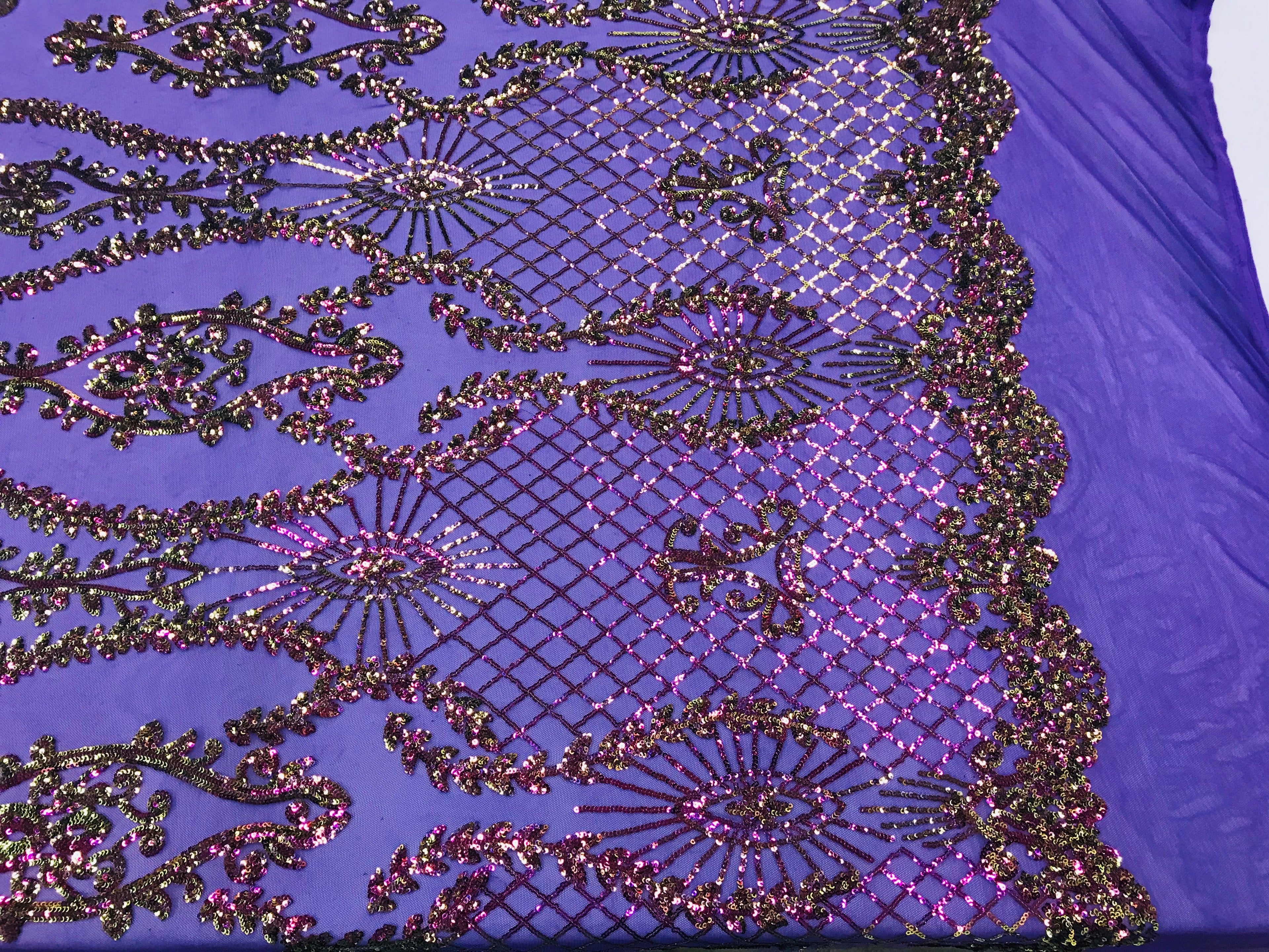 Sequins Damask Pattern Iridescent Purple 4 Way Stretch Elegant Designer Fabrics in Shiny Patterns