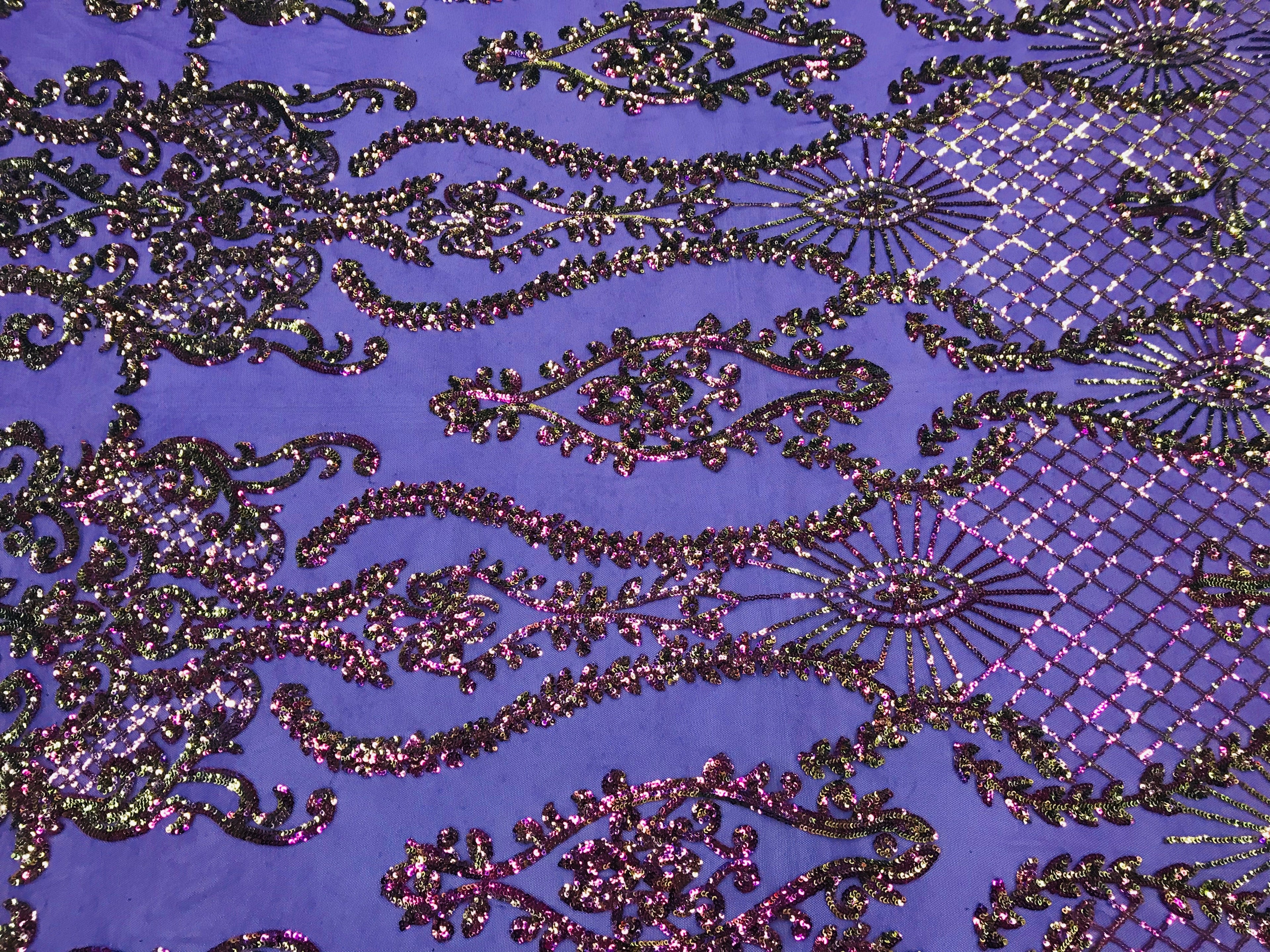 Sequins Damask Pattern Iridescent Purple 4 Way Stretch Elegant Designer Fabrics in Shiny Patterns
