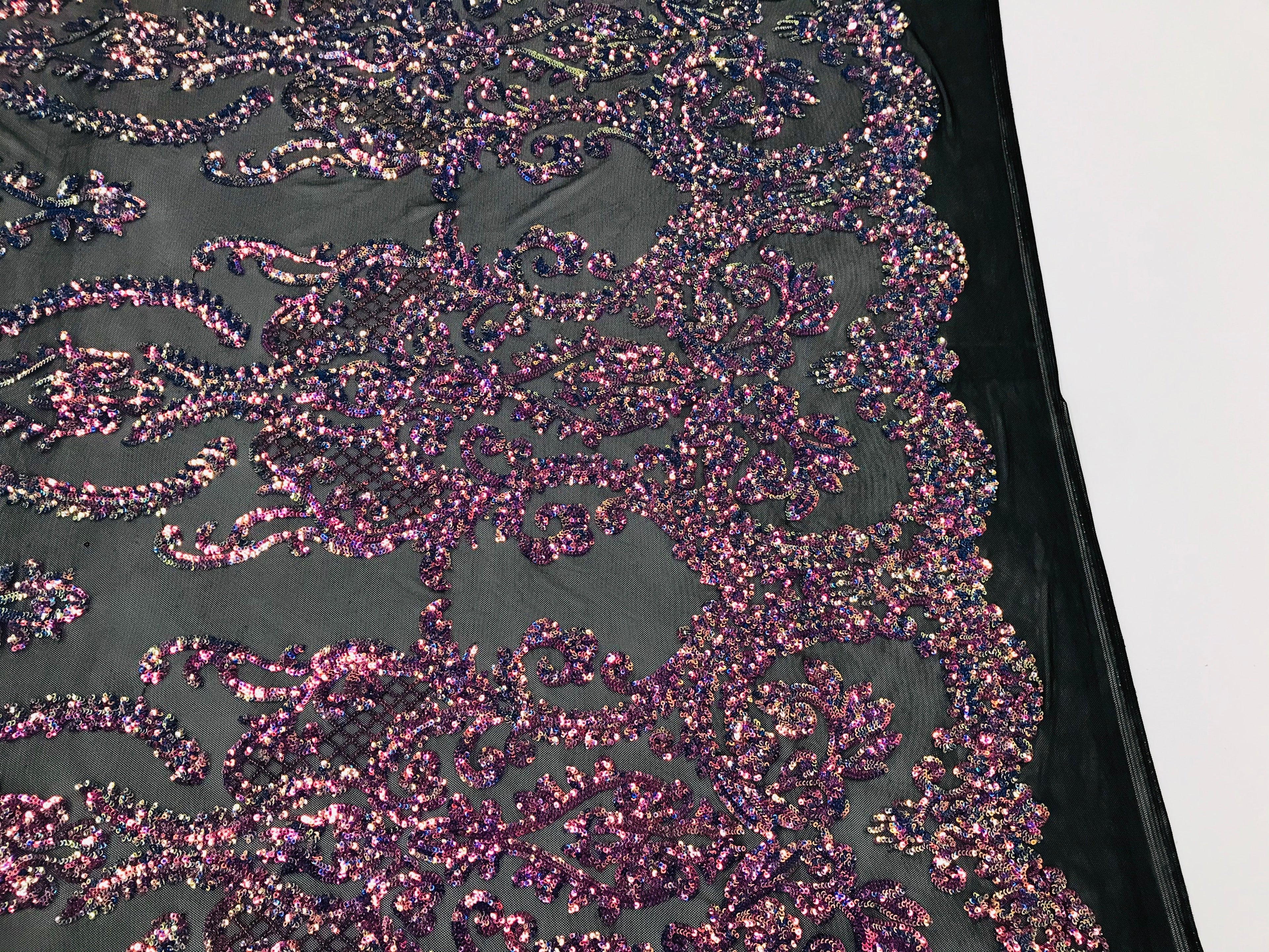 Sequins Damask Pattern - Iridescent Rainbow - 4 Way Stretch Designer Fabrics in Shiny Patterns