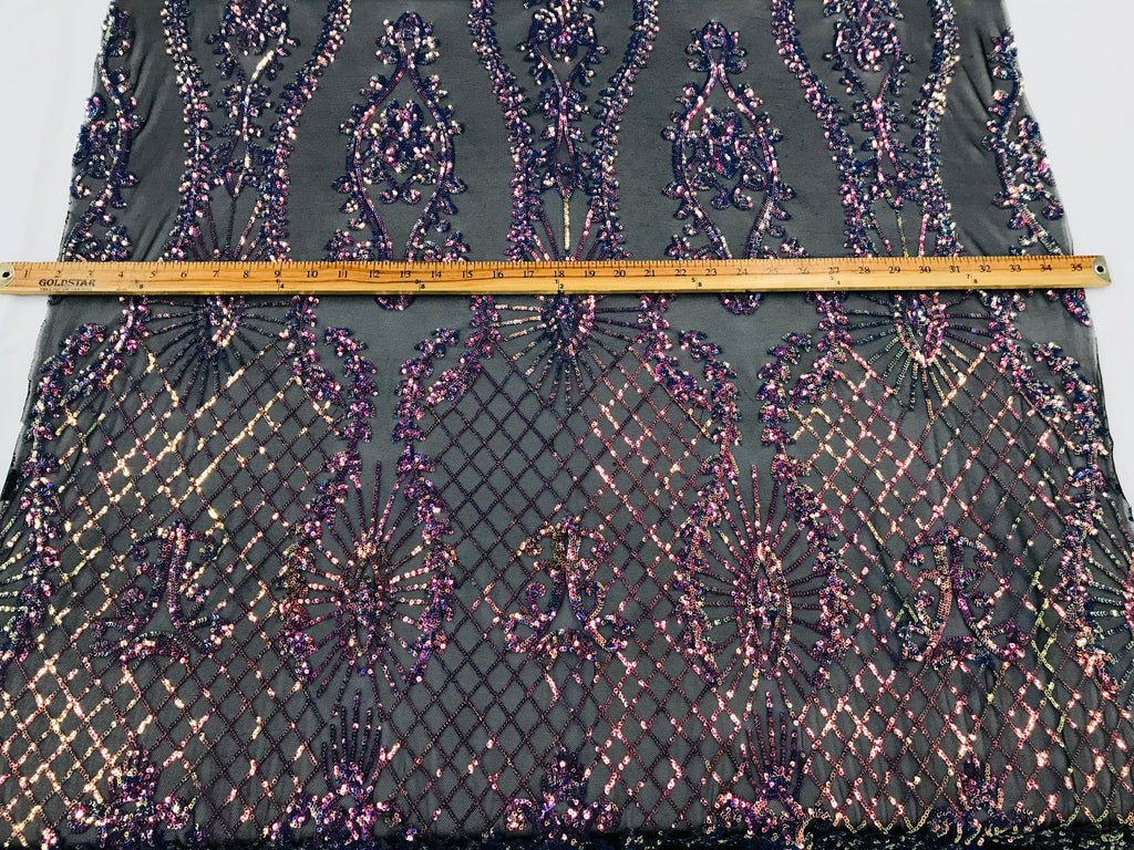 Sequins Damask Pattern - Iridescent Rainbow - 4 Way Stretch Designer Fabrics in Shiny Patterns
