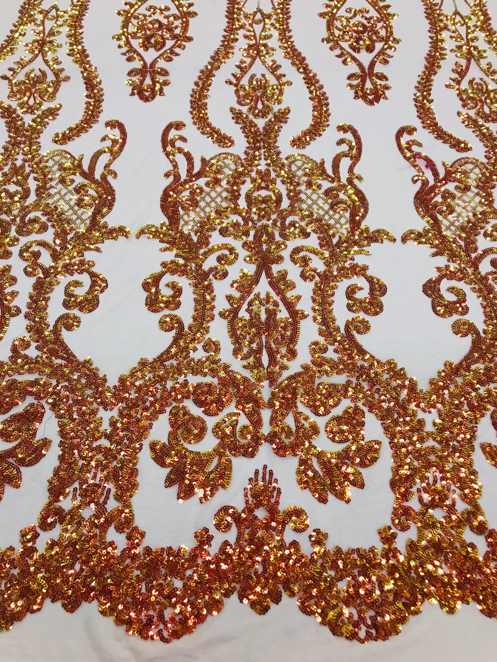 Sequins Damask Pattern - Orange - 4 Way Stretch Elegant Designer Fabrics in Shiny Damask Patterns