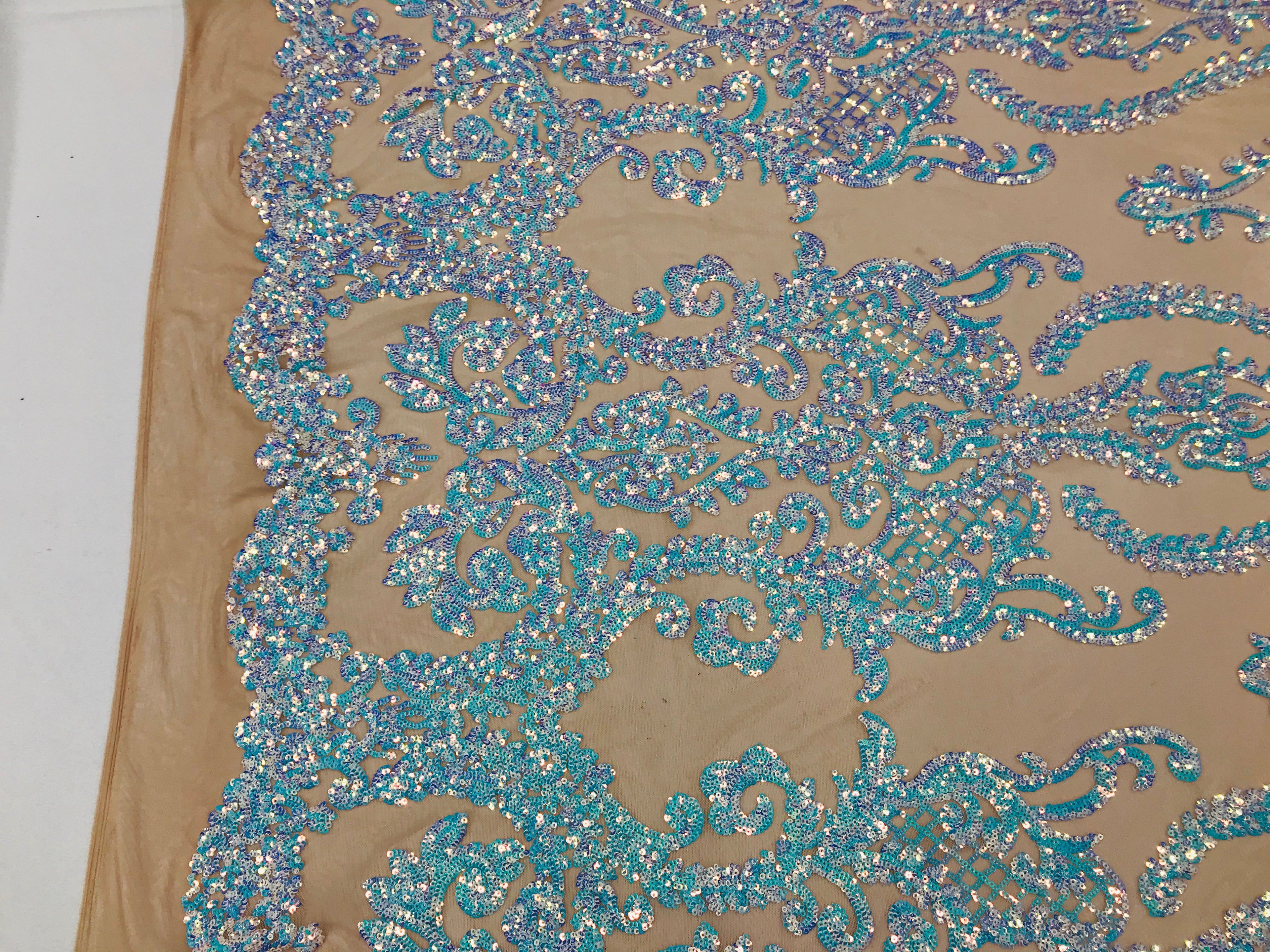 Sequins Damask Pattern - Iridescent Light Blue - 4 Way Stretch Designer Fabrics in Shiny Patterns