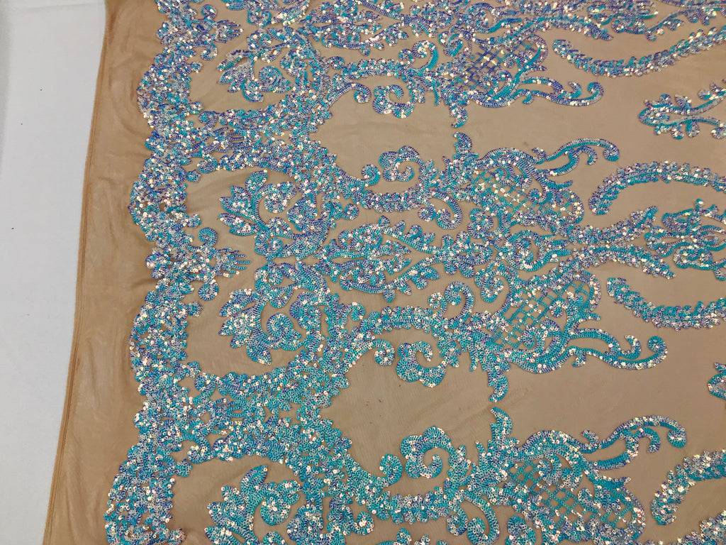 Sequins Damask Pattern - Iridescent Light Blue - 4 Way Stretch Designer Fabrics in Shiny Patterns
