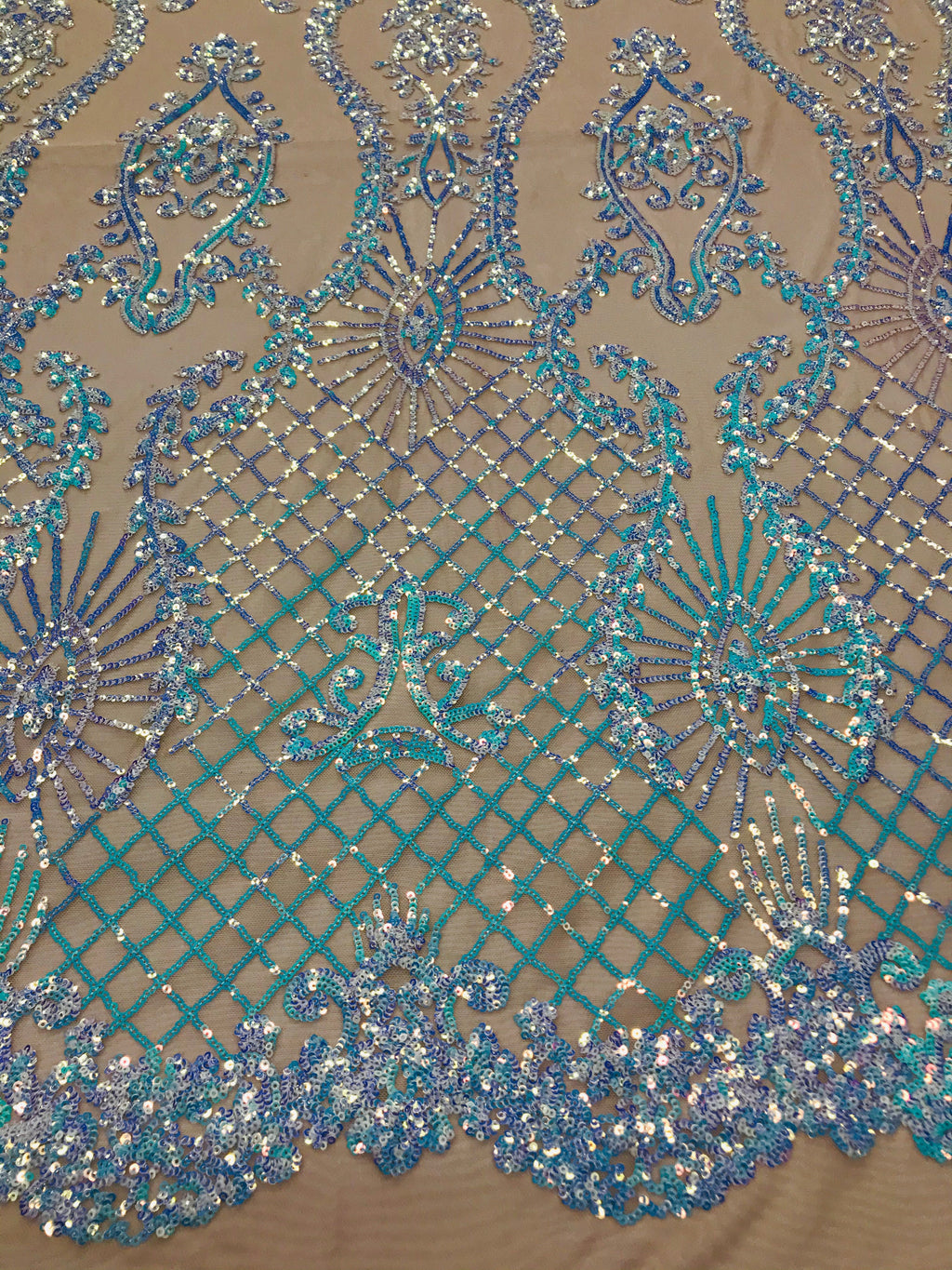 Sequins Damask Pattern - Iridescent Light Blue - 4 Way Stretch Designer Fabrics in Shiny Patterns