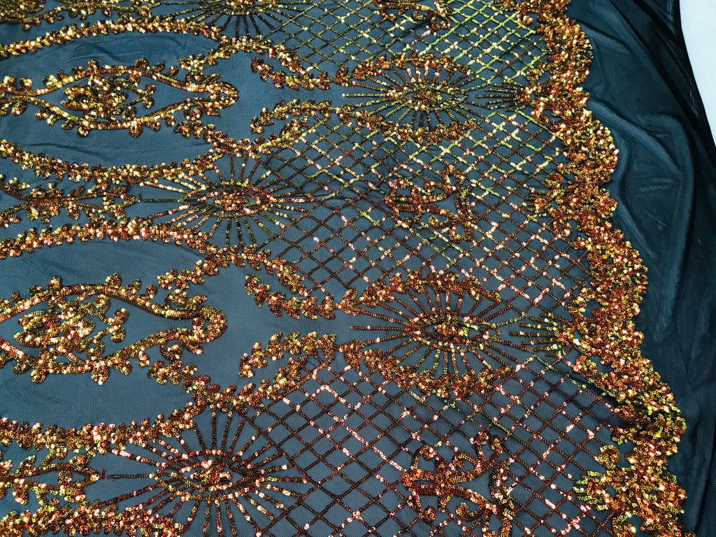 Sequins Damask Pattern - Orange Black Mesh 4 Way Stretch Elegant Designer Fabrics in Shiny Patterns