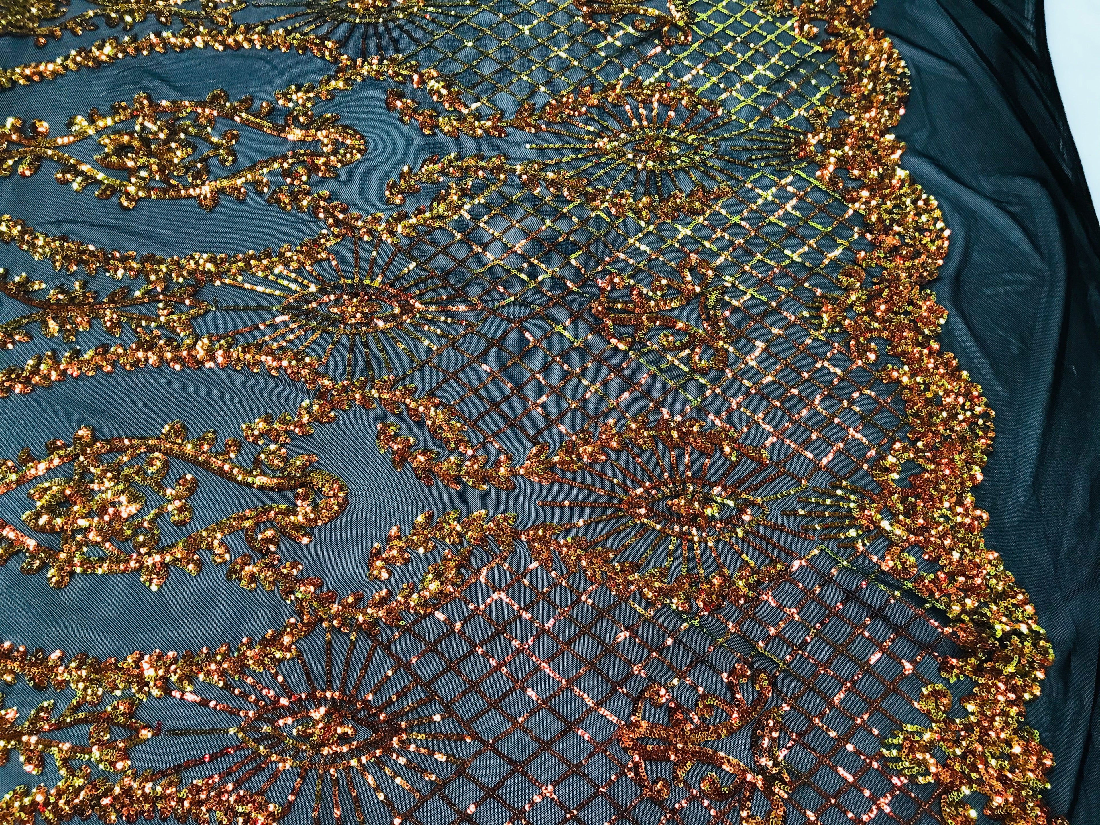 Sequins Damask Pattern - Orange Black Mesh 4 Way Stretch Elegant Designer Fabrics in Shiny Patterns