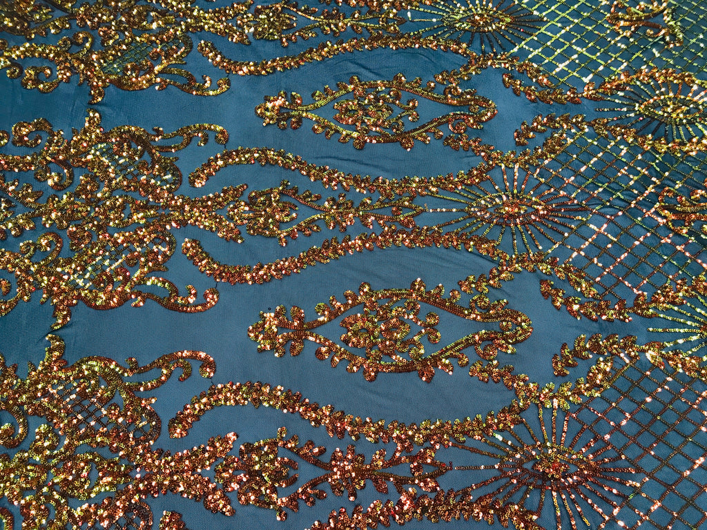 Sequins Damask Pattern - Orange Black Mesh 4 Way Stretch Elegant Designer Fabrics in Shiny Patterns