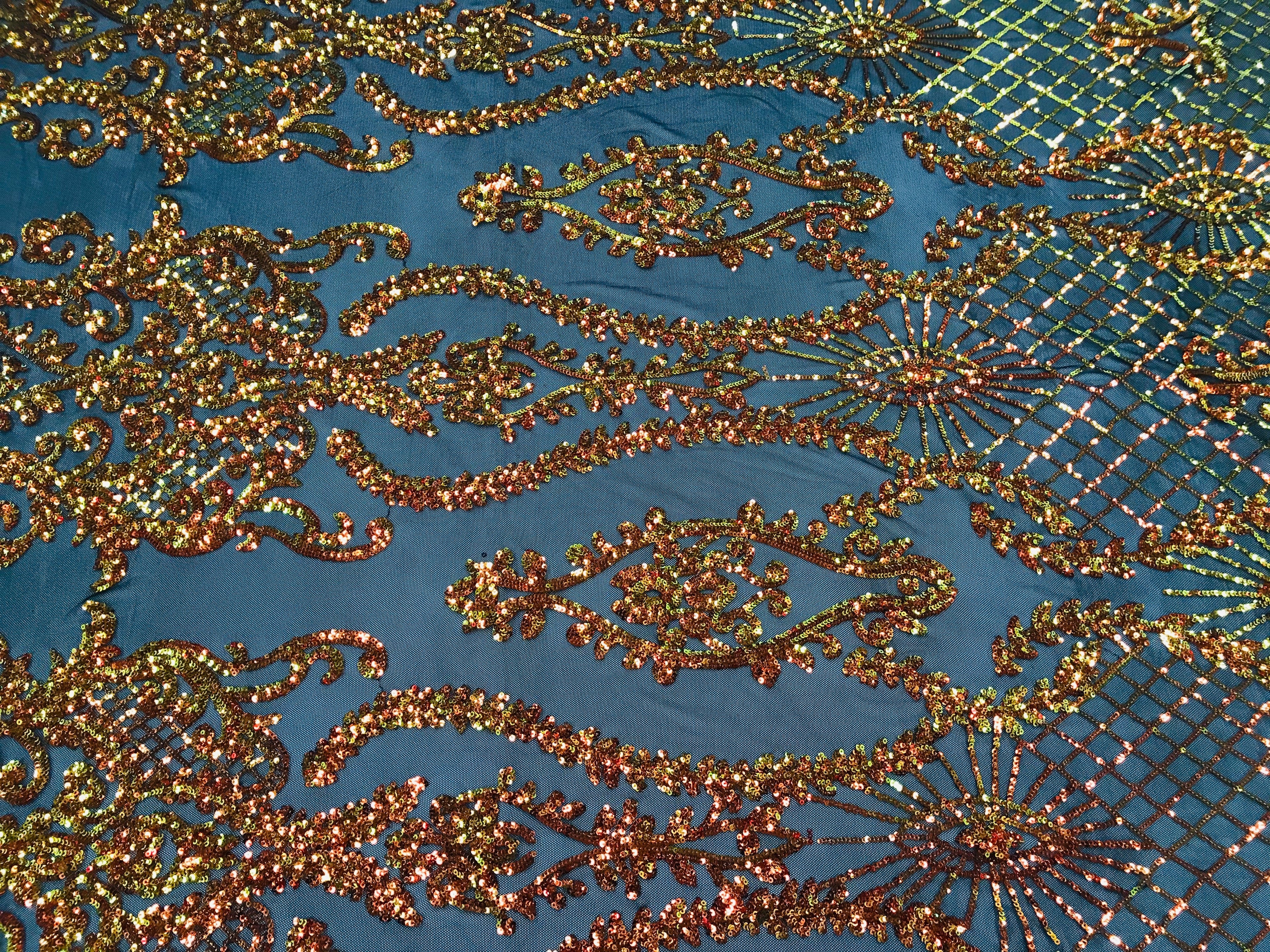 Sequins Damask Pattern - Orange Black Mesh 4 Way Stretch Elegant Designer Fabrics in Shiny Patterns