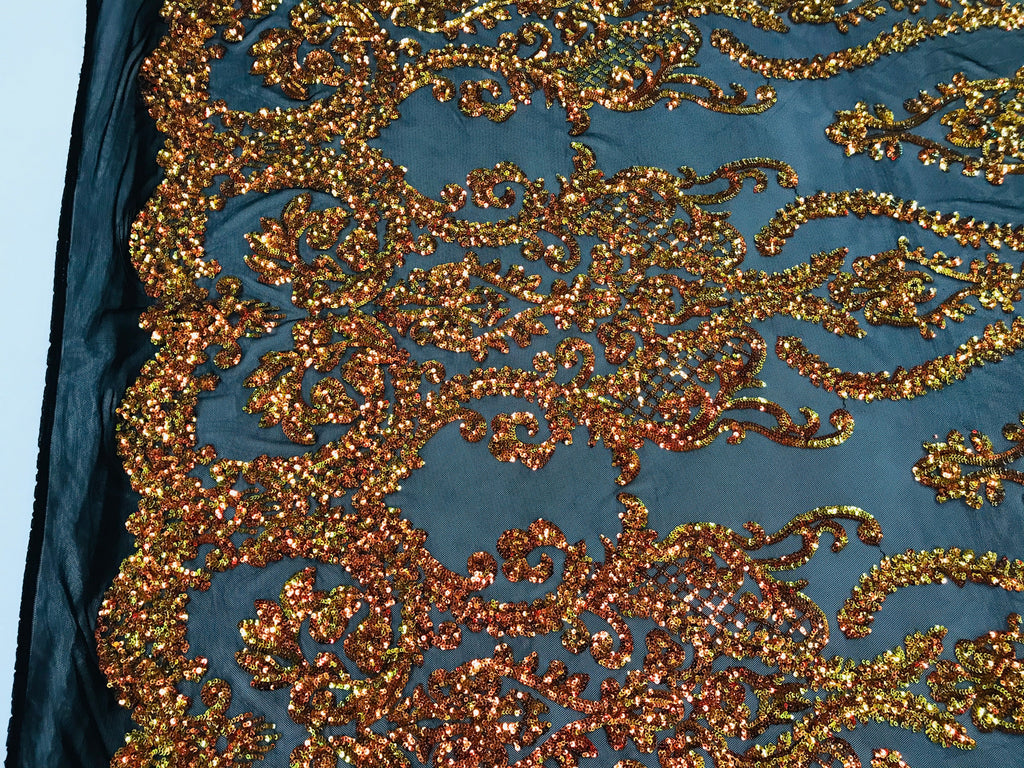 Sequins Damask Pattern - Orange Black Mesh 4 Way Stretch Elegant Designer Fabrics in Shiny Patterns