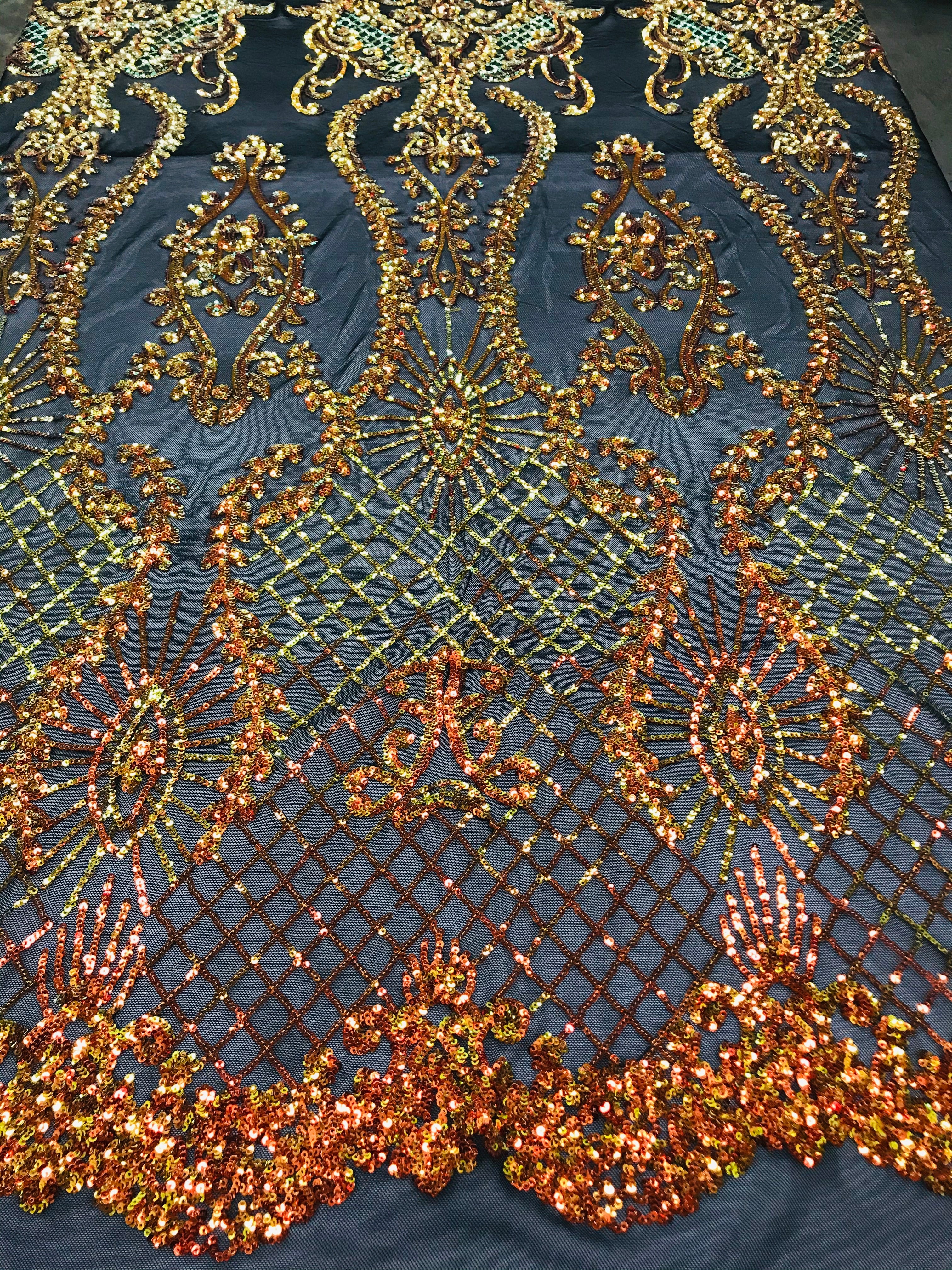 Sequins Damask Pattern - Orange Black Mesh 4 Way Stretch Elegant Designer Fabrics in Shiny Patterns