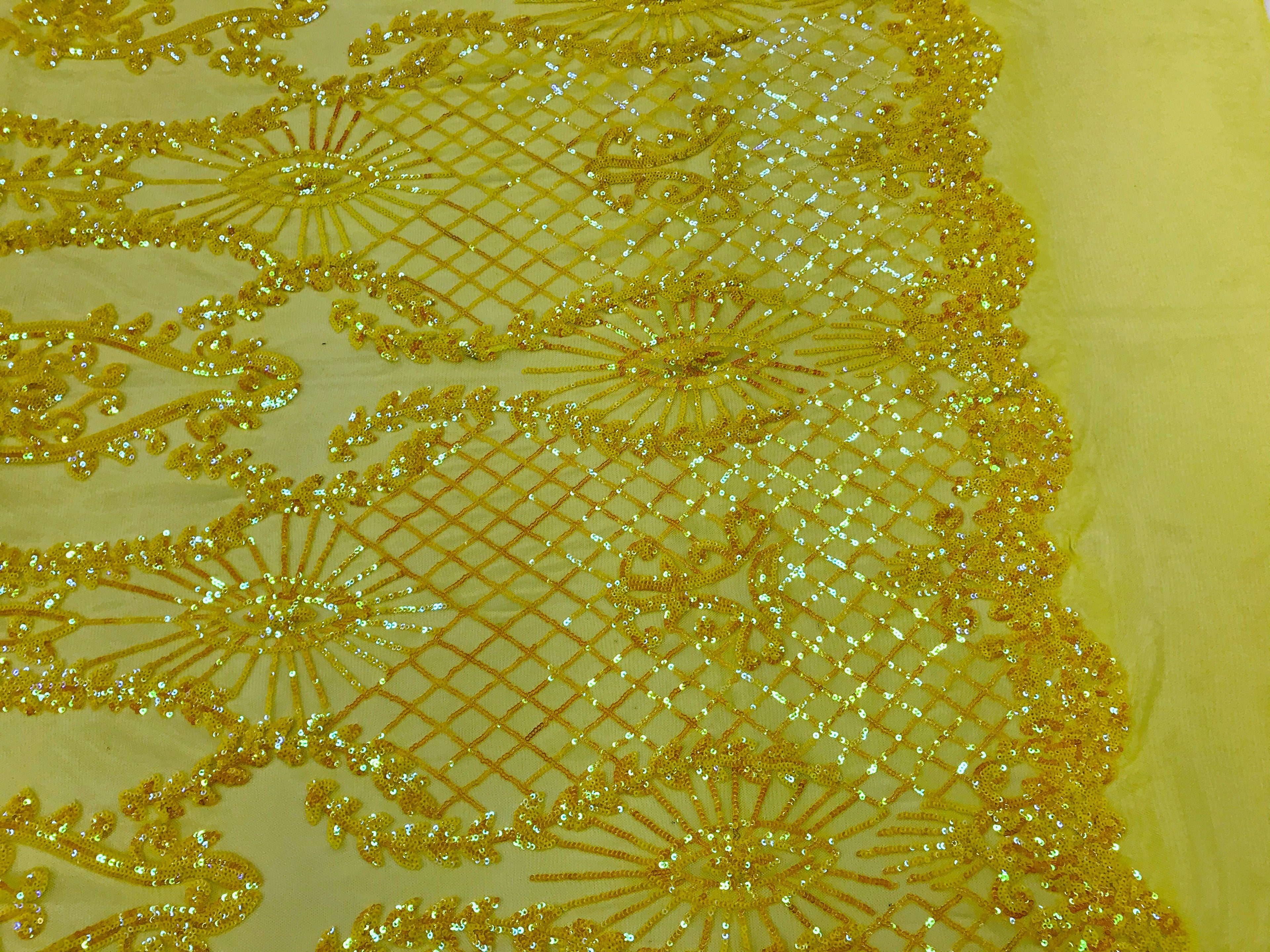 Sequins Damask Pattern - Yellow - 4 Way Stretch Elegant Designer Fabrics in Shiny Damask Patterns