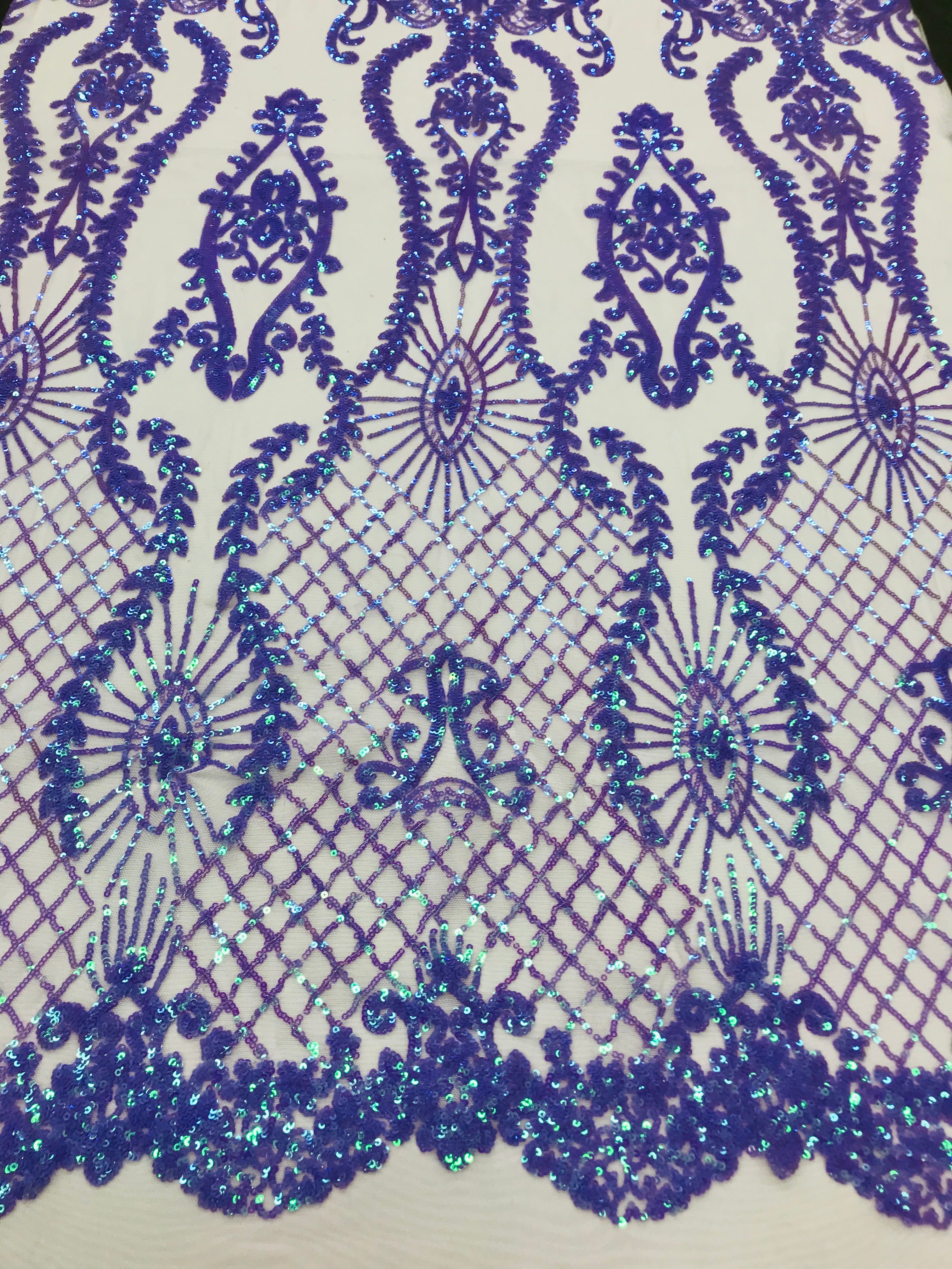 Sequins Damask Pattern - Iridescent Lilac 4 Way Stretch Designer Fabrics in Shiny Damask Patterns